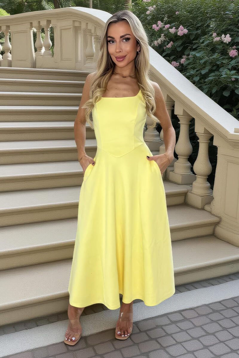 Soft Yellow Square Neck A-line Midi Dress – Diavanta