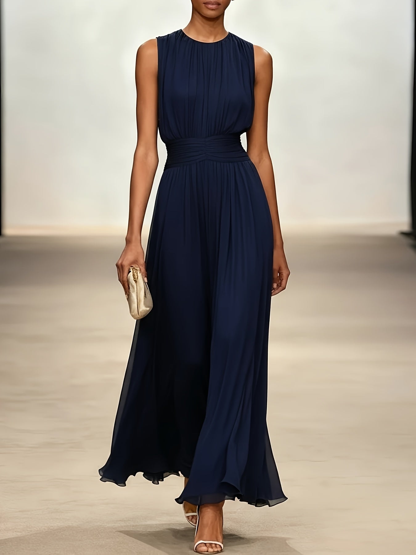 Women's Maxi Dress Pleated Ruched Waist Long Sleeve Wedding Guest