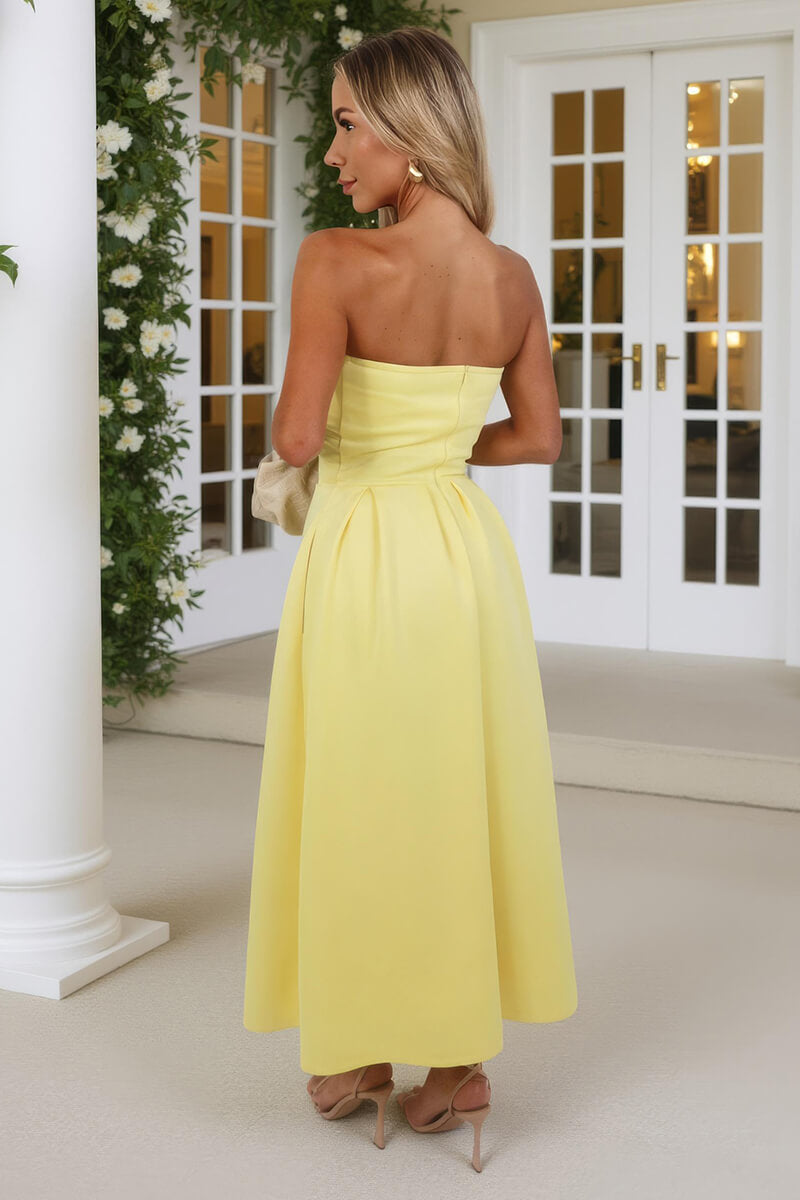 Soft Yellow Bandeau A-Line Skirt Midi Dress