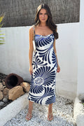 Blue And White Abstract Print Strappy Cowl Slip Midi Dress