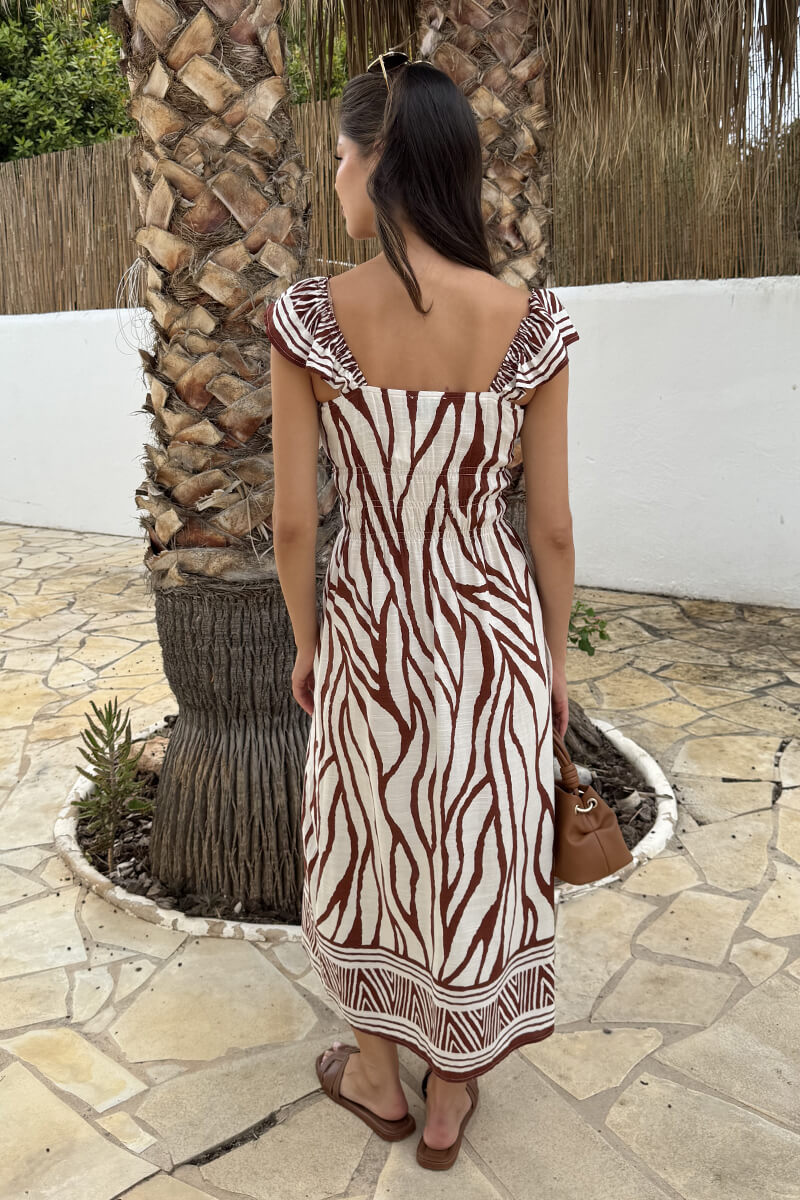 Cream And Brown Abstract Print Frill Strap Midi Dress