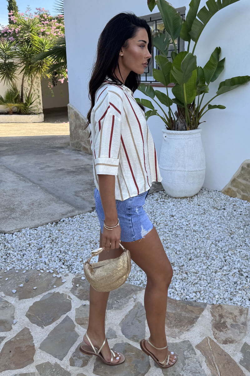 Multi Striped Print Short Sleeve Boxy Shirt