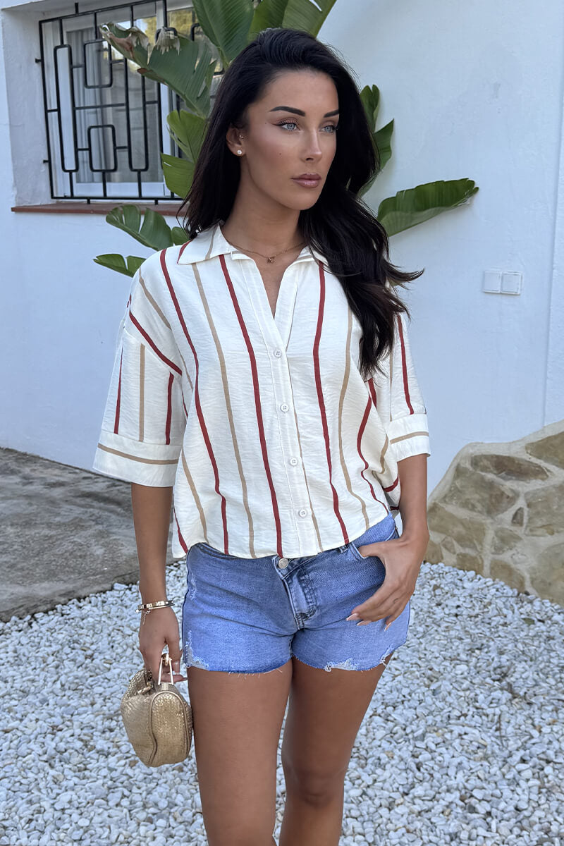 Multi Striped Print Short Sleeve Boxy Shirt