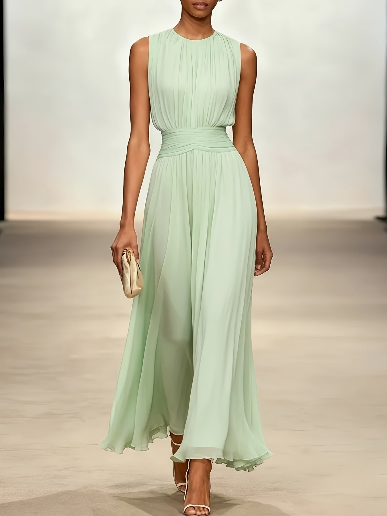 Women's Maxi Dress Pleated Ruched Waist Long Sleeve Wedding Guest