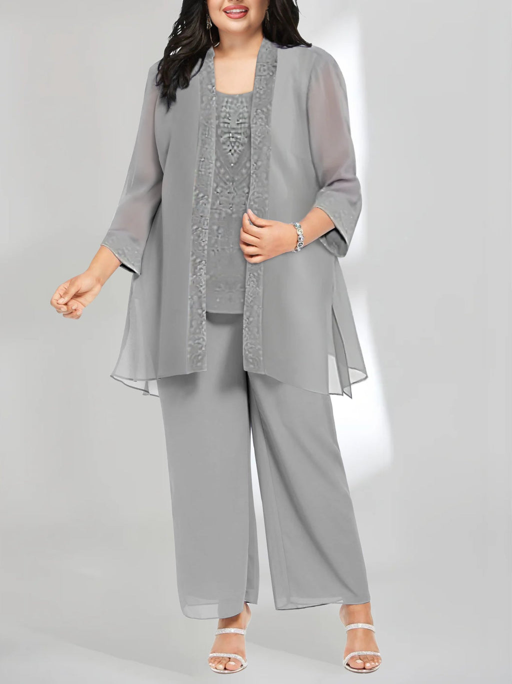 Women's Chiffon Pantsuit Scoop Neck Ankle-Length with Jacket | Mother of the Bride