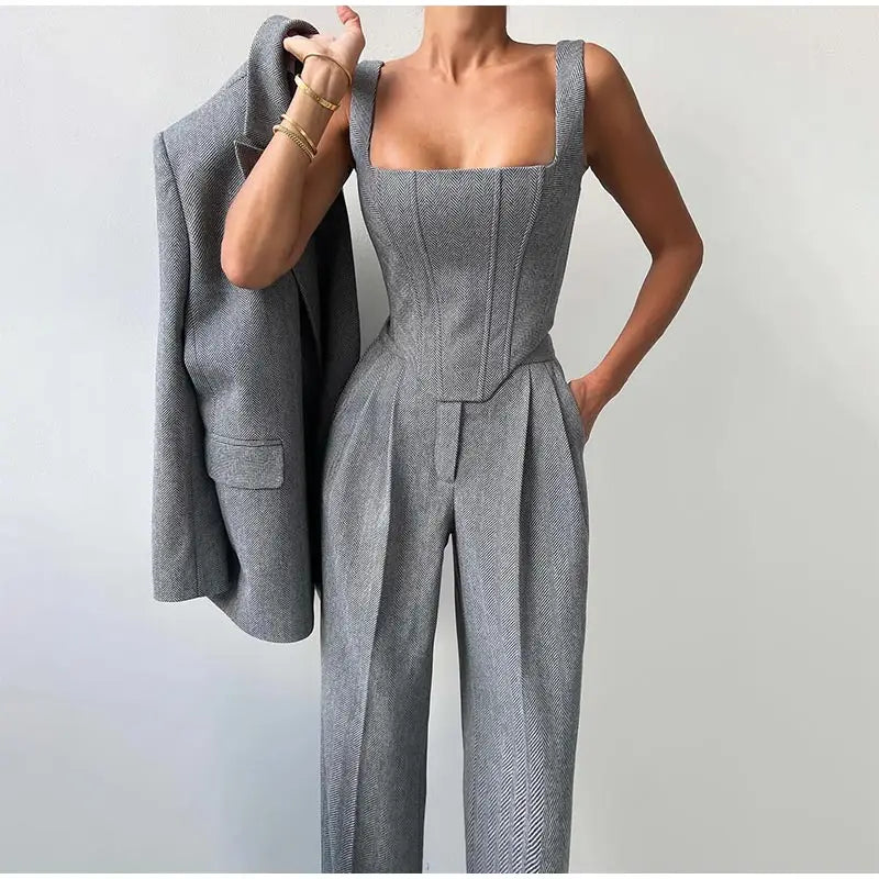 3-Piece Tailored Blazer Suit with Top and Trousers for Women 0