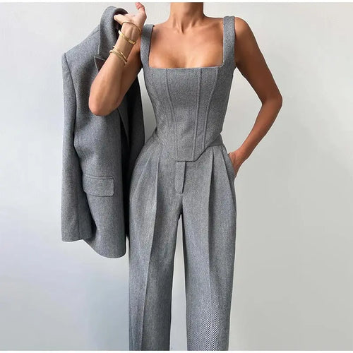 3-Piece Tailored Blazer Suit with Top and Trousers for Women 0
