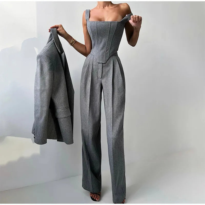 3-Piece Tailored Blazer Suit with Top and Trousers for Women 2
