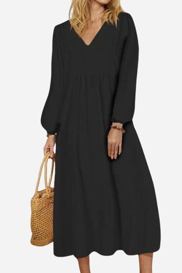 Autumn Elegant Midi Dress with V-Neckline