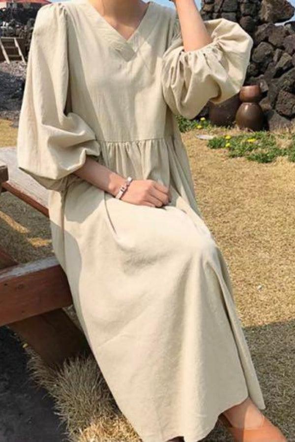 Autumn Elegant Midi Dress with V-Neckline
