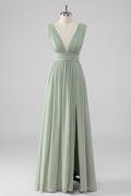 Pleated Chiffon V-Neck Long Sage Green Bridesmaid Dress with Slit