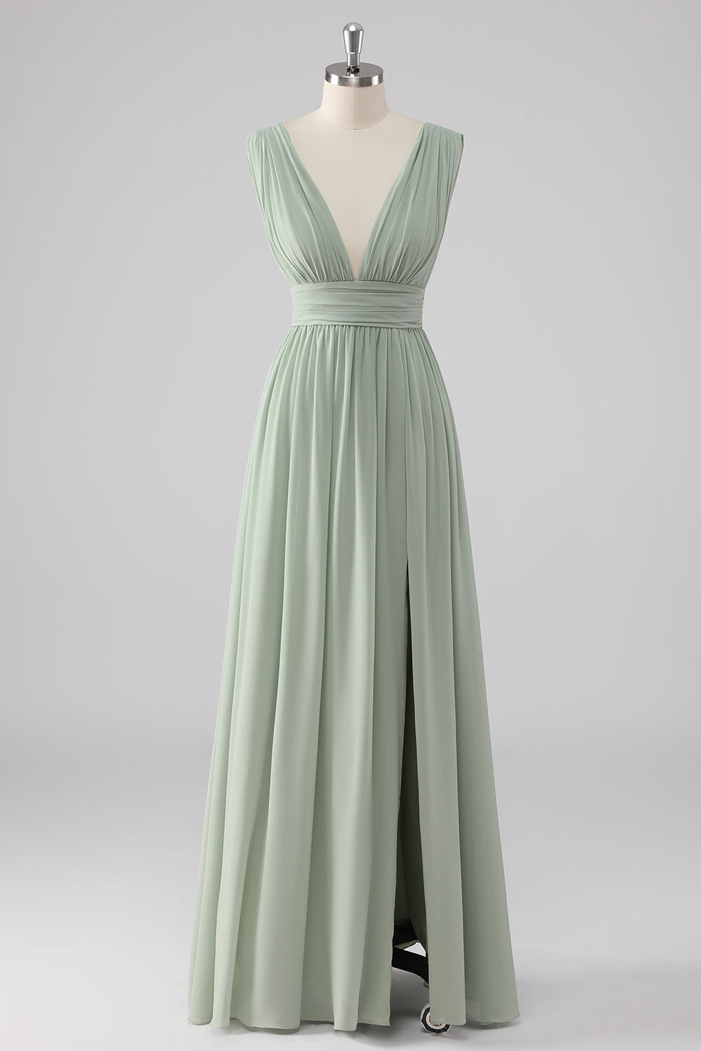 Pleated Chiffon V-Neck Long Sage Green Bridesmaid Dress with Slit