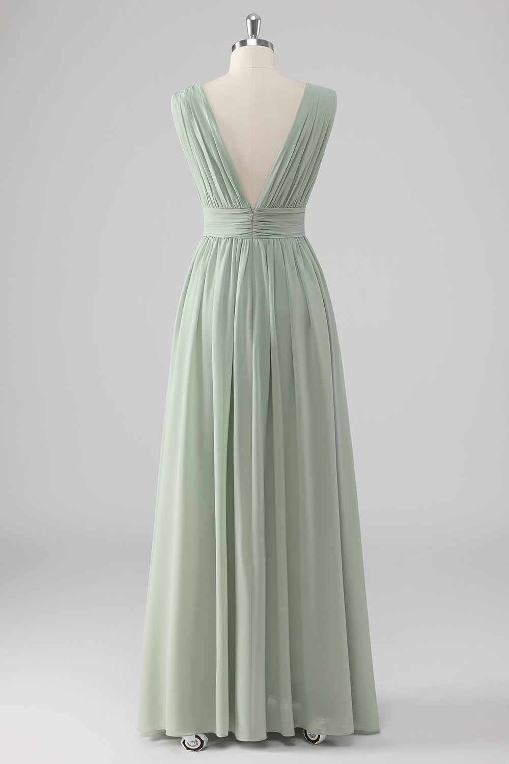 Pleated Chiffon V-Neck Long Sage Green Bridesmaid Dress with Slit