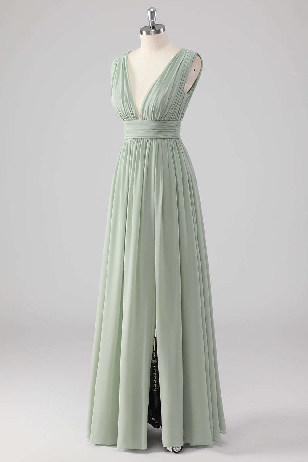 Pleated Chiffon V-Neck Long Sage Green Bridesmaid Dress with Slit