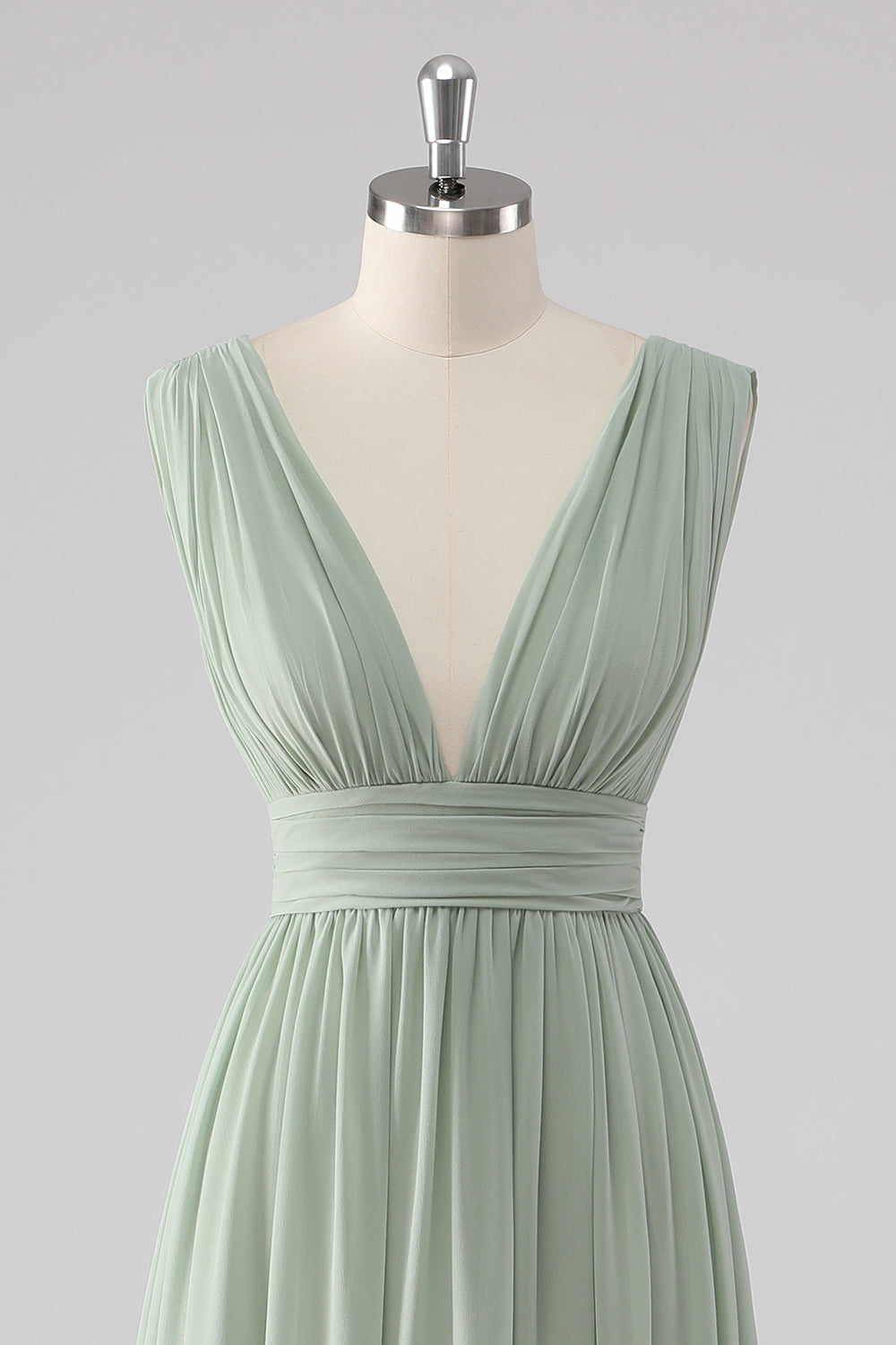 Pleated Chiffon V-Neck Long Sage Green Bridesmaid Dress with Slit