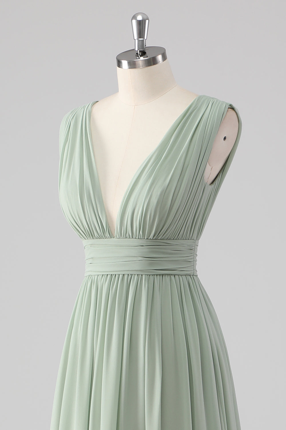 Pleated Chiffon V-Neck Long Sage Green Bridesmaid Dress with Slit