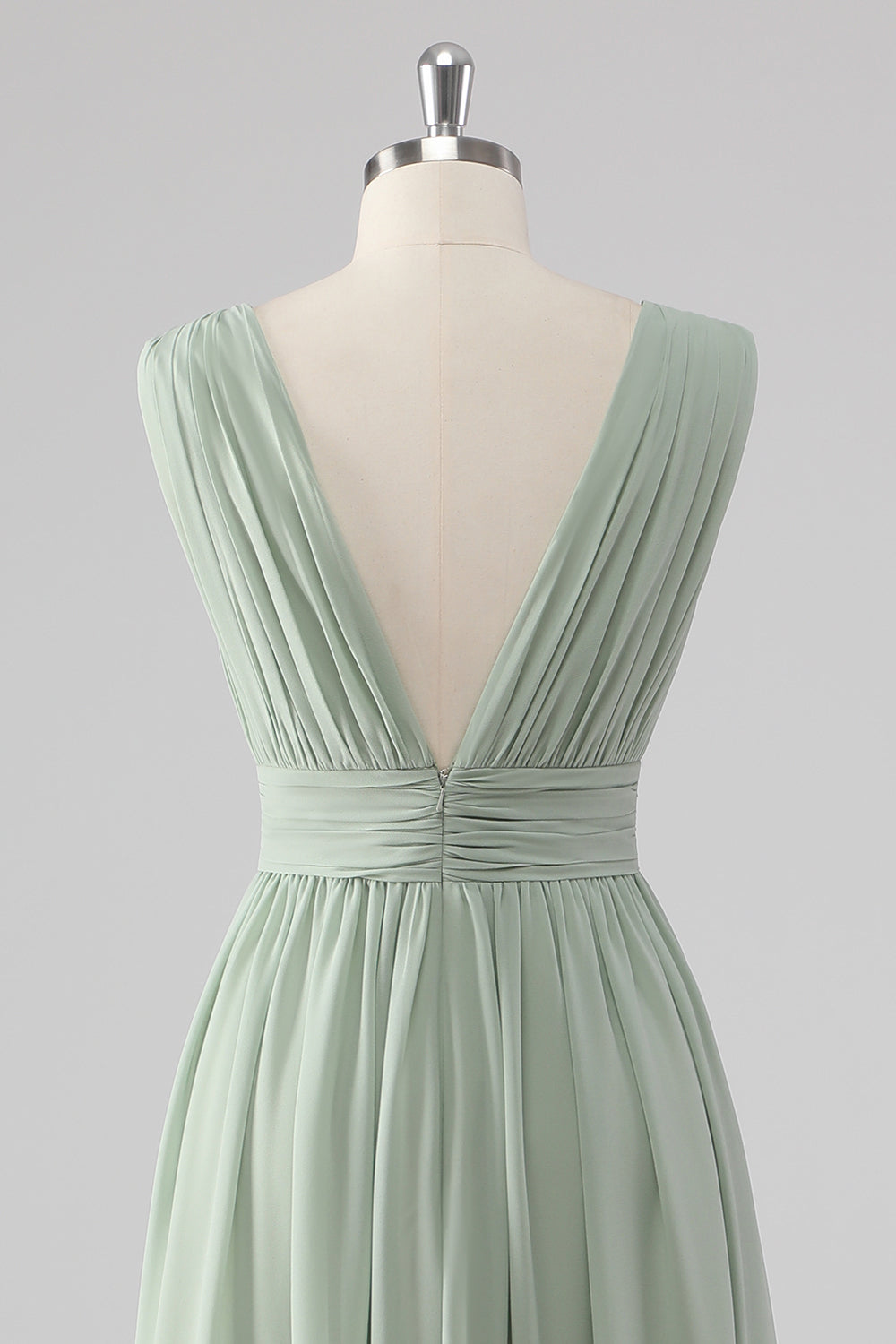 Pleated Chiffon V-Neck Long Sage Green Bridesmaid Dress with Slit