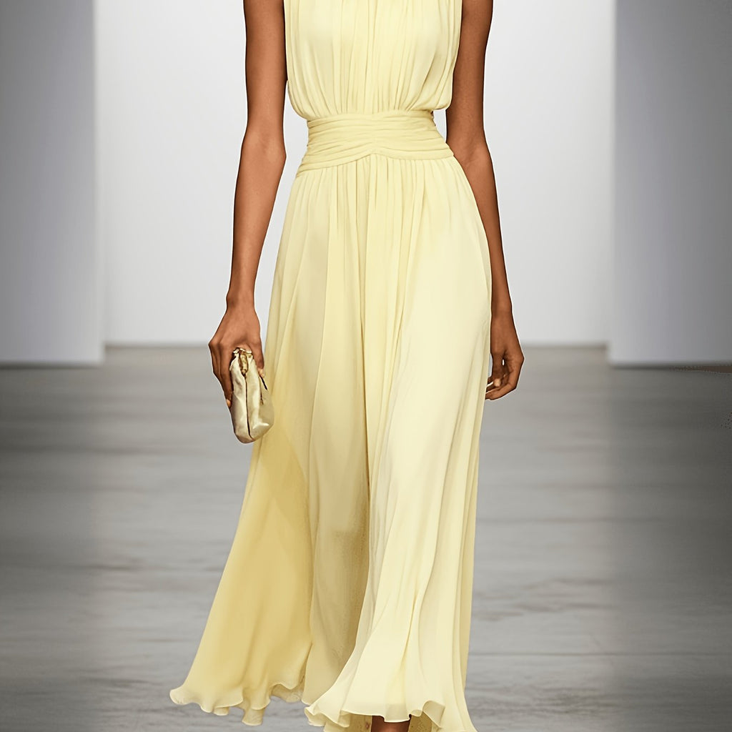 Women's Maxi Dress Pleated Ruched Waist Long Sleeve Wedding Guest