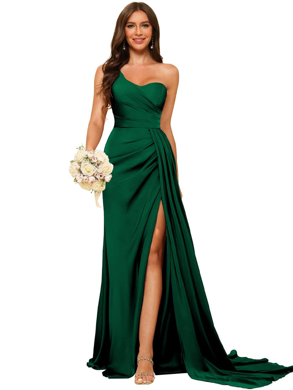 Women's Bridesmaid Dress One-Shoulder Sleeveless Floor-Length Satin