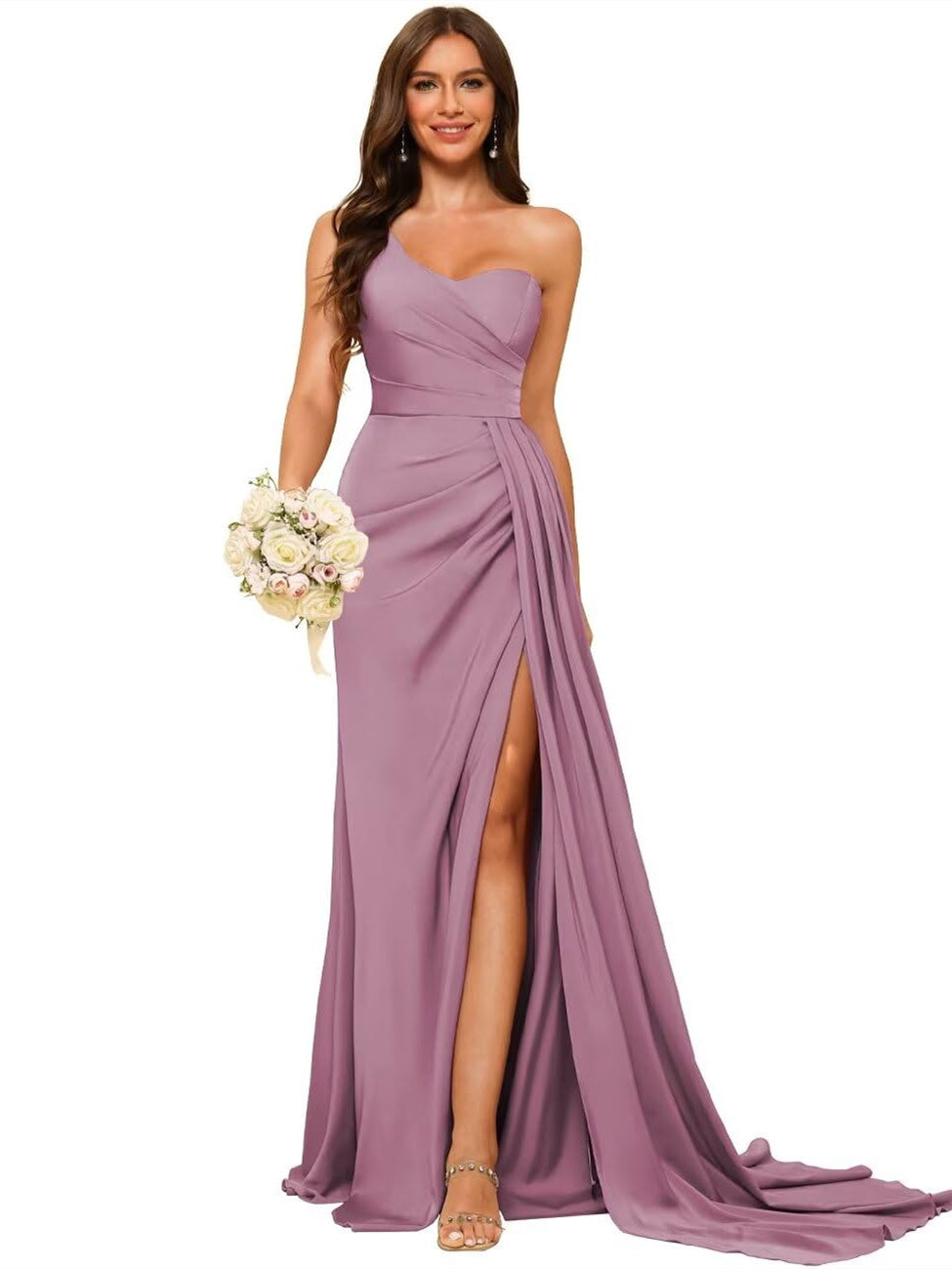 Women's Bridesmaid Dress One-Shoulder Sleeveless Floor-Length Satin