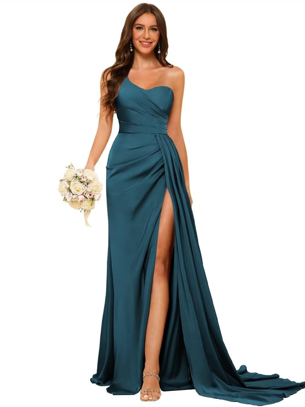 Women's Bridesmaid Dress One-Shoulder Sleeveless Floor-Length Satin