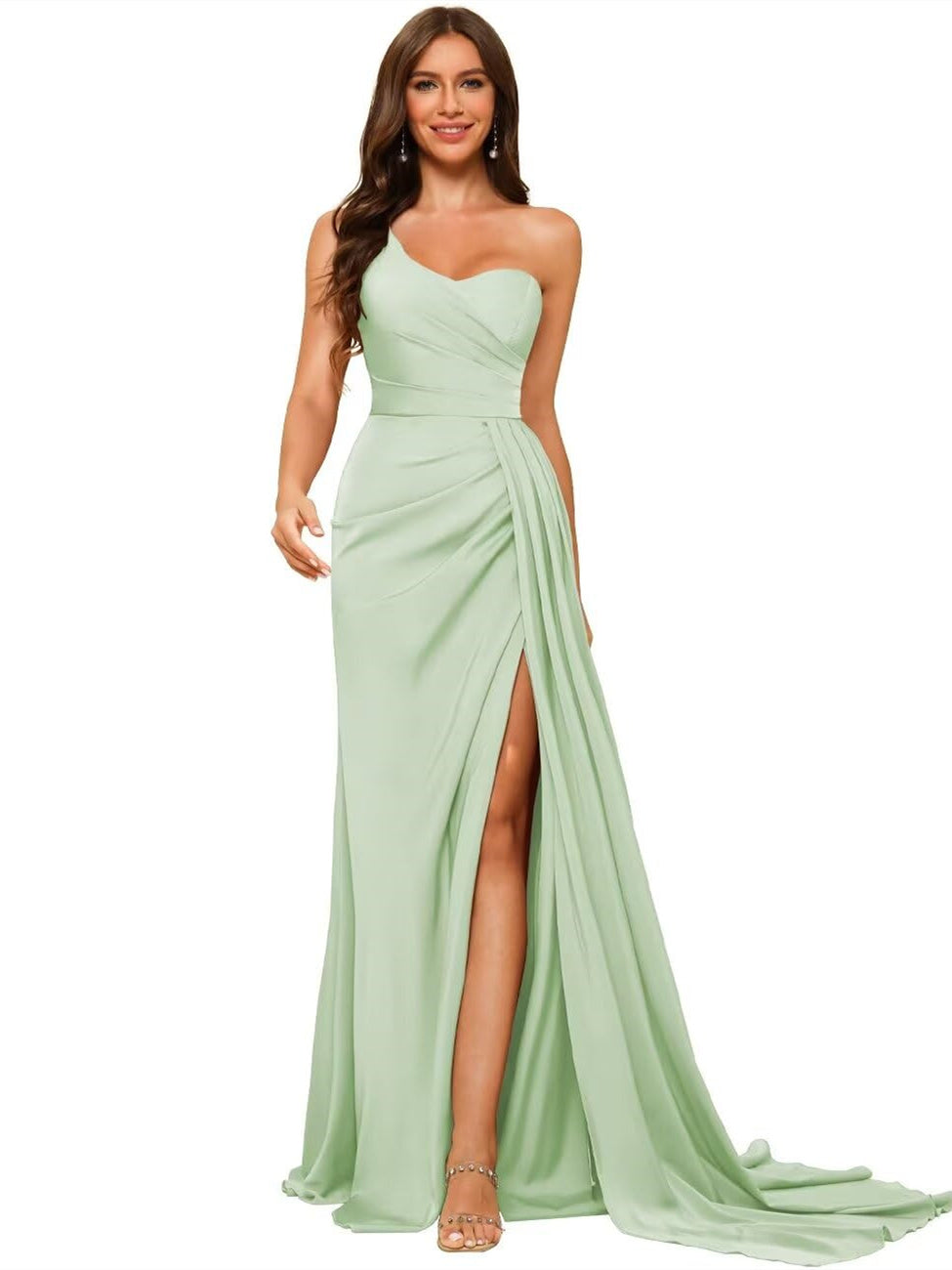 Women's Bridesmaid Dress One-Shoulder Sleeveless Floor-Length Satin