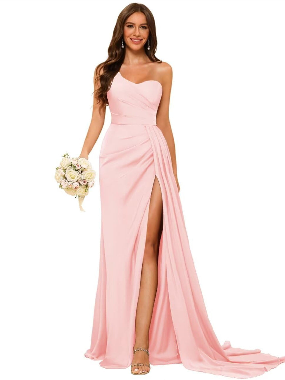 Women's Bridesmaid Dress One-Shoulder Sleeveless Floor-Length Satin