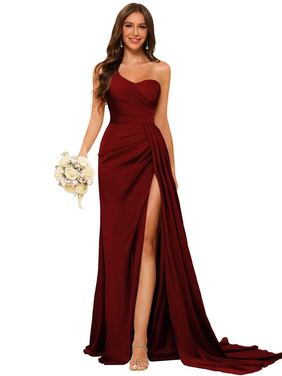 Women's Bridesmaid Dress One-Shoulder Sleeveless Floor-Length Satin