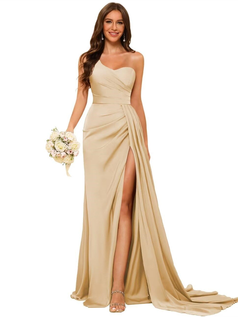 Women's Bridesmaid Dress One-Shoulder Sleeveless Floor-Length Satin