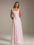Floral Lace Bridesmaid Dress – A-Line Square Neck Sleeveless Floor-Length Evening Dress