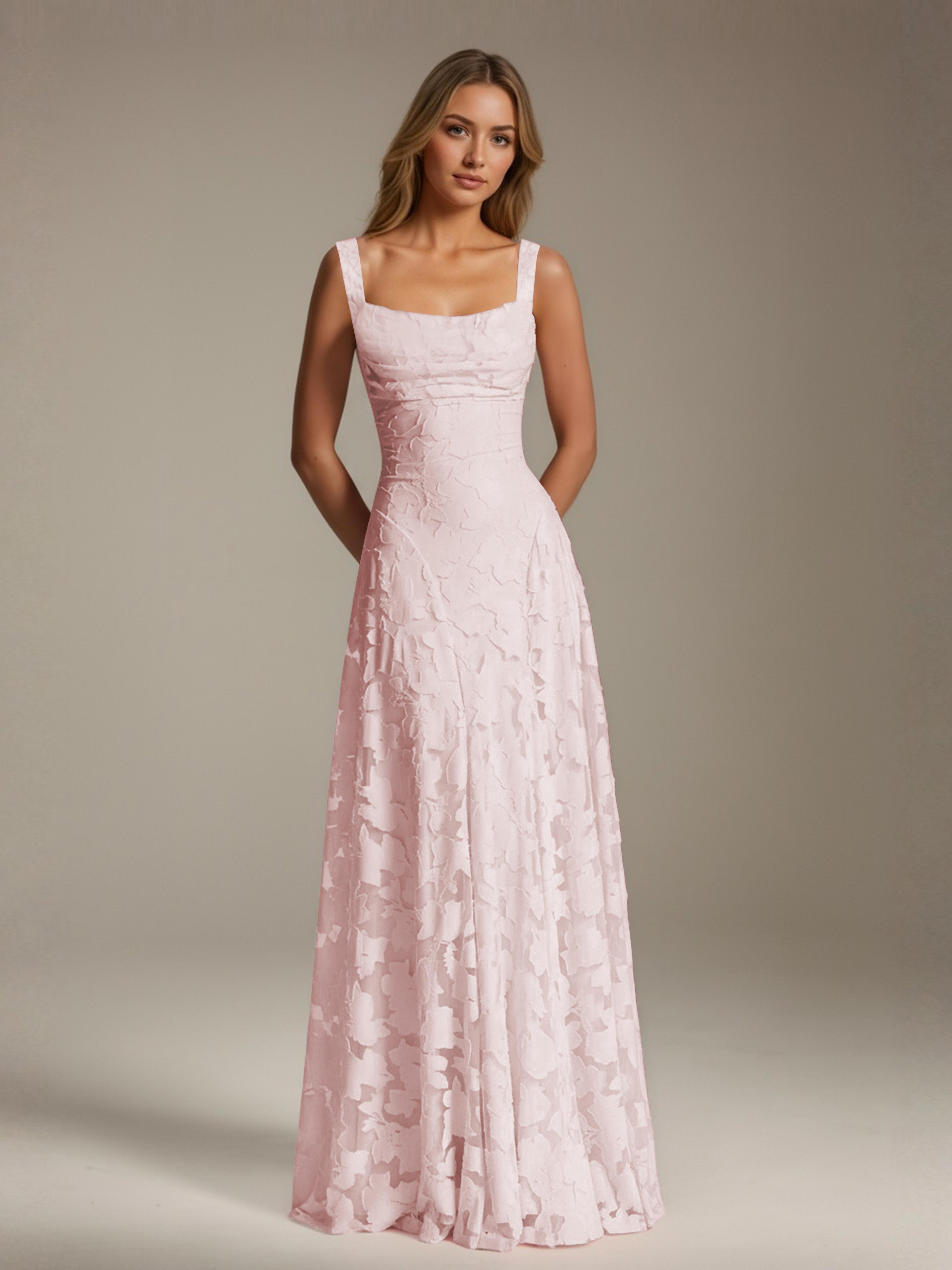 Floral Lace Bridesmaid Dress – A-Line Square Neck Sleeveless Floor-Length Evening Dress