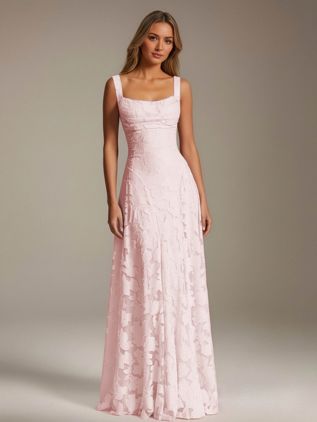 Floral Lace Bridesmaid Dress – A-Line Square Neck Sleeveless Floor-Length Evening Dress
