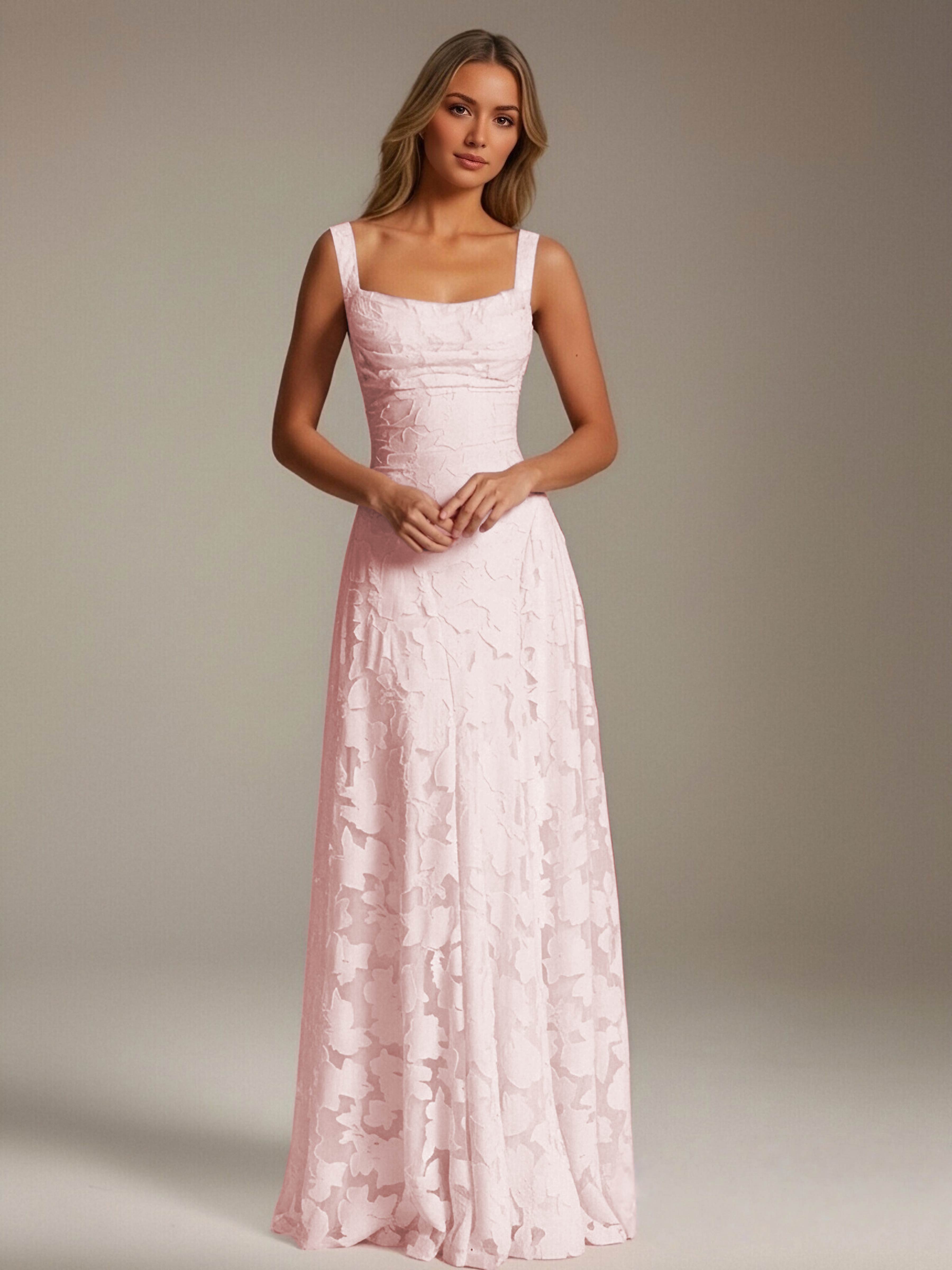 Floral Lace Bridesmaid Dress – A-Line Square Neck Sleeveless Floor-Length Evening Dress