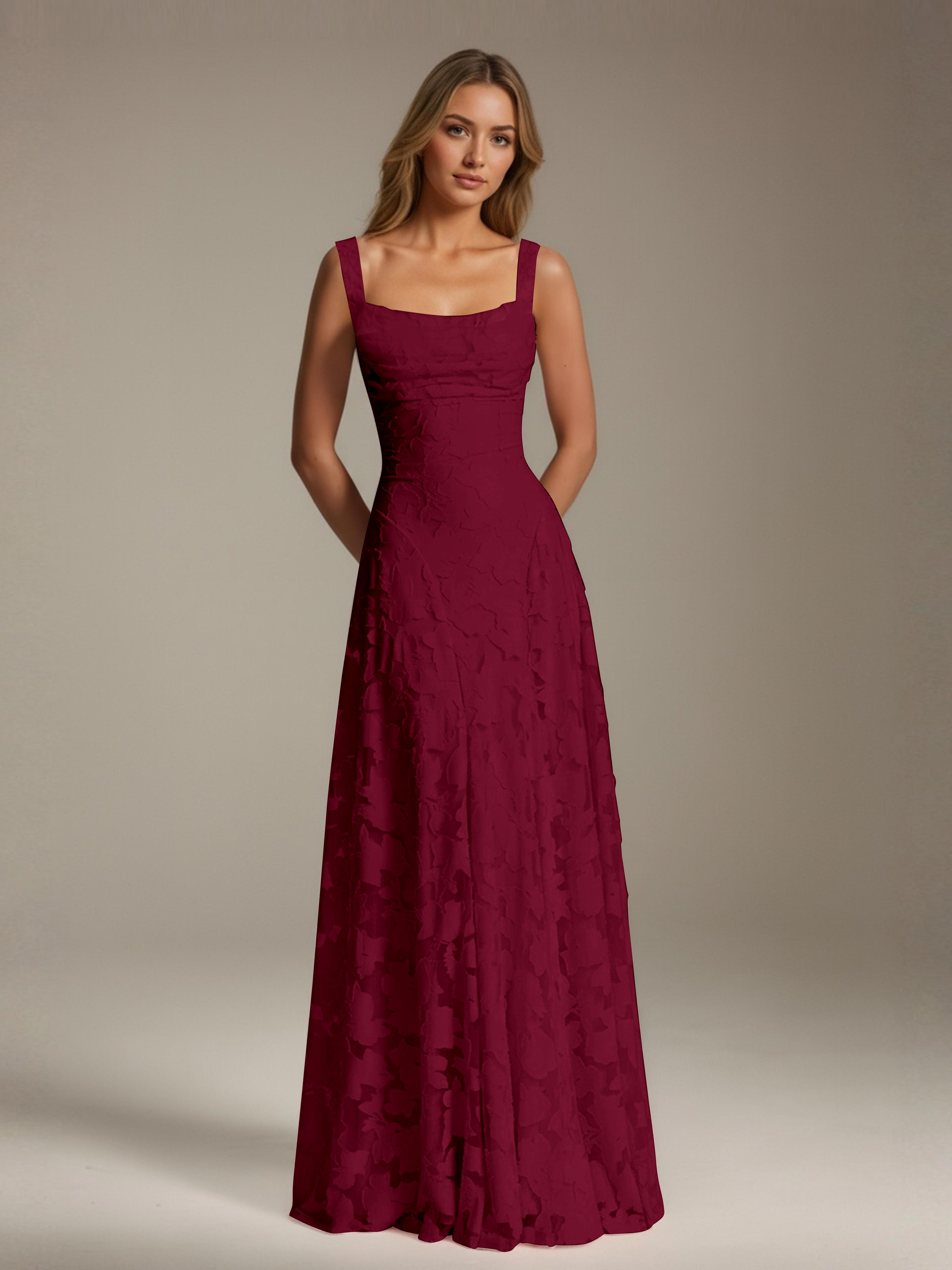 Floral Lace Bridesmaid Dress – A-Line Square Neck Sleeveless Floor-Length Evening Dress