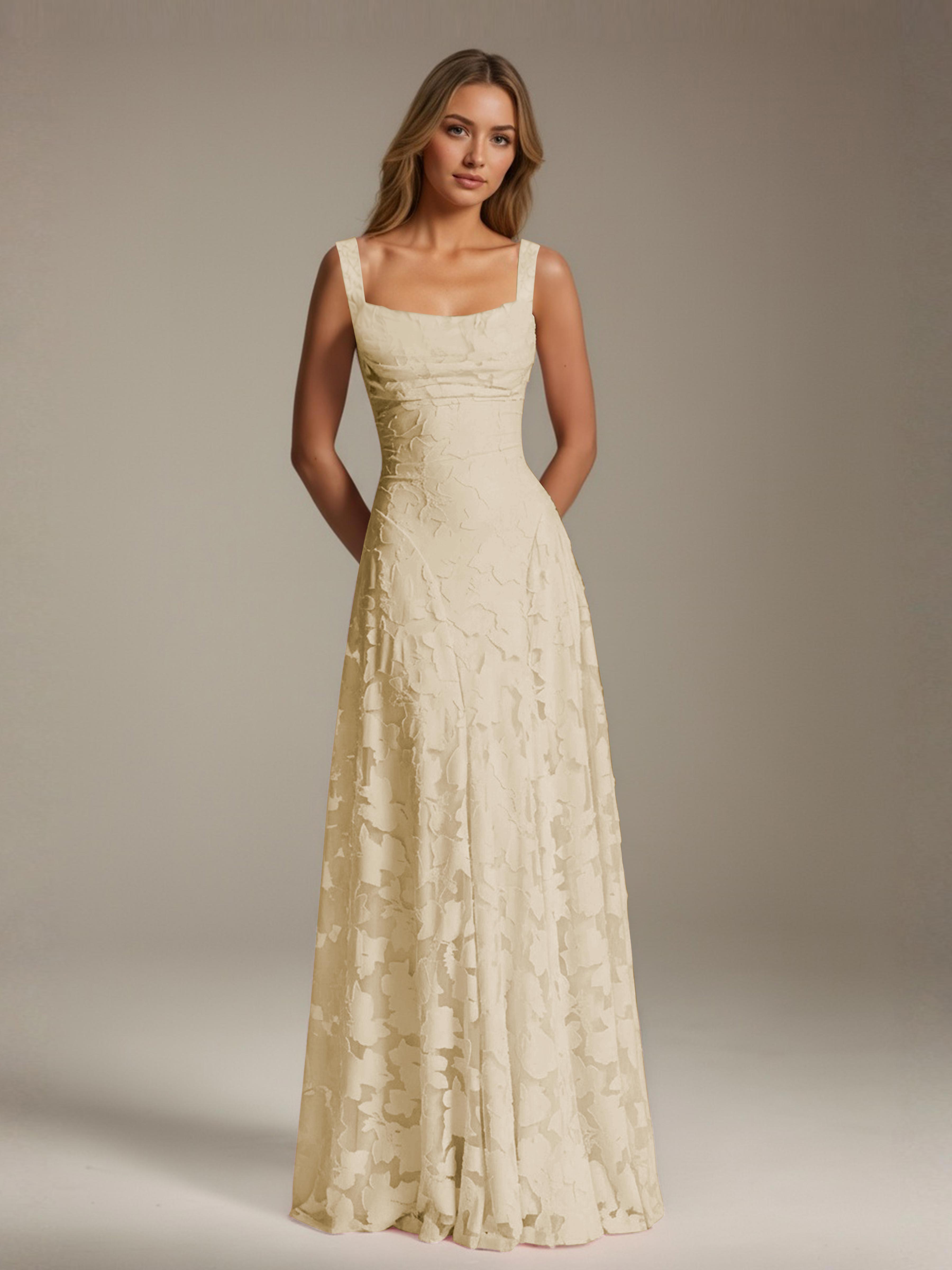Floral Lace Bridesmaid Dress – A-Line Square Neck Sleeveless Floor-Length Evening Dress
