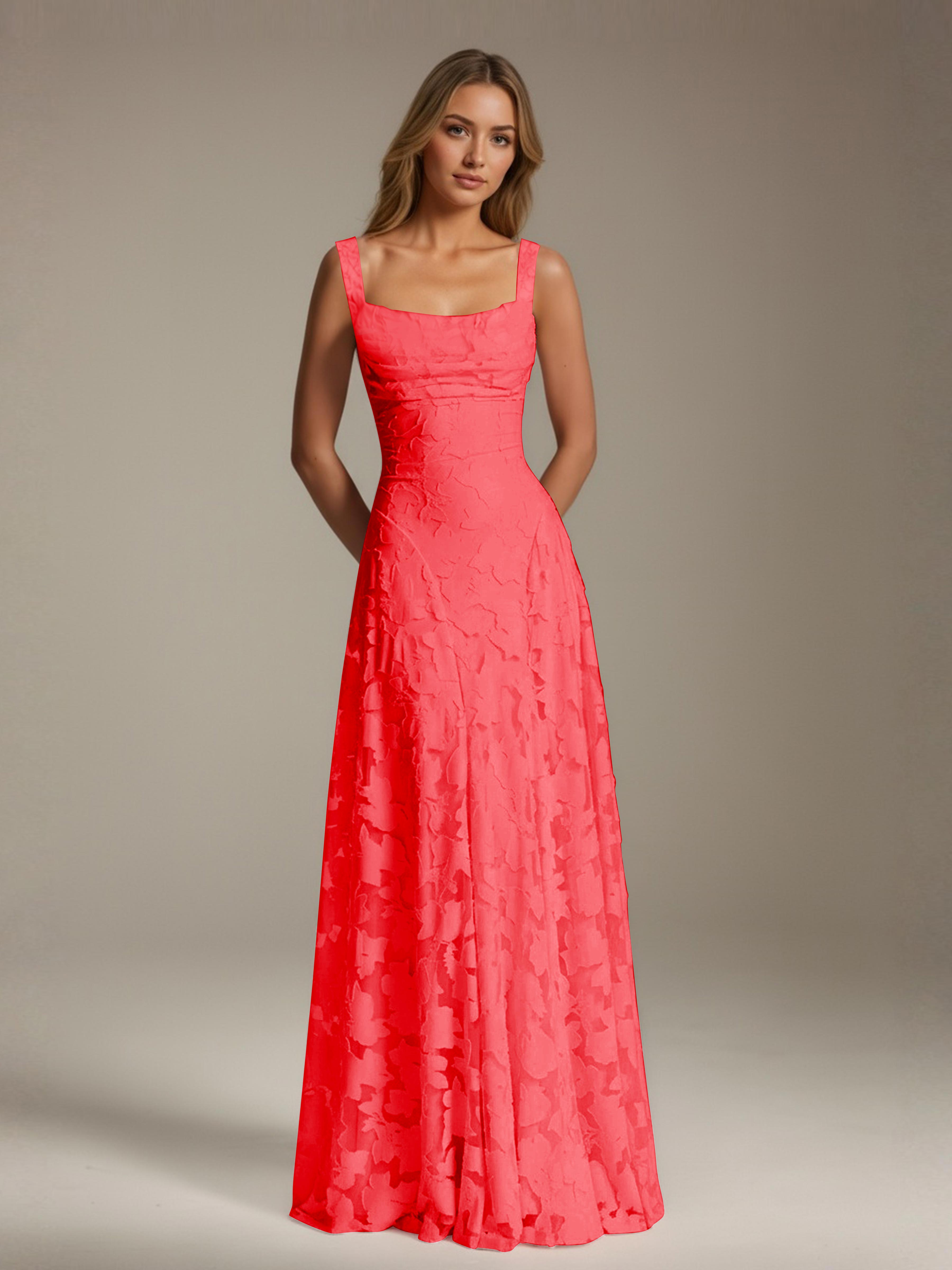 Floral Lace Bridesmaid Dress – A-Line Square Neck Sleeveless Floor-Length Evening Dress