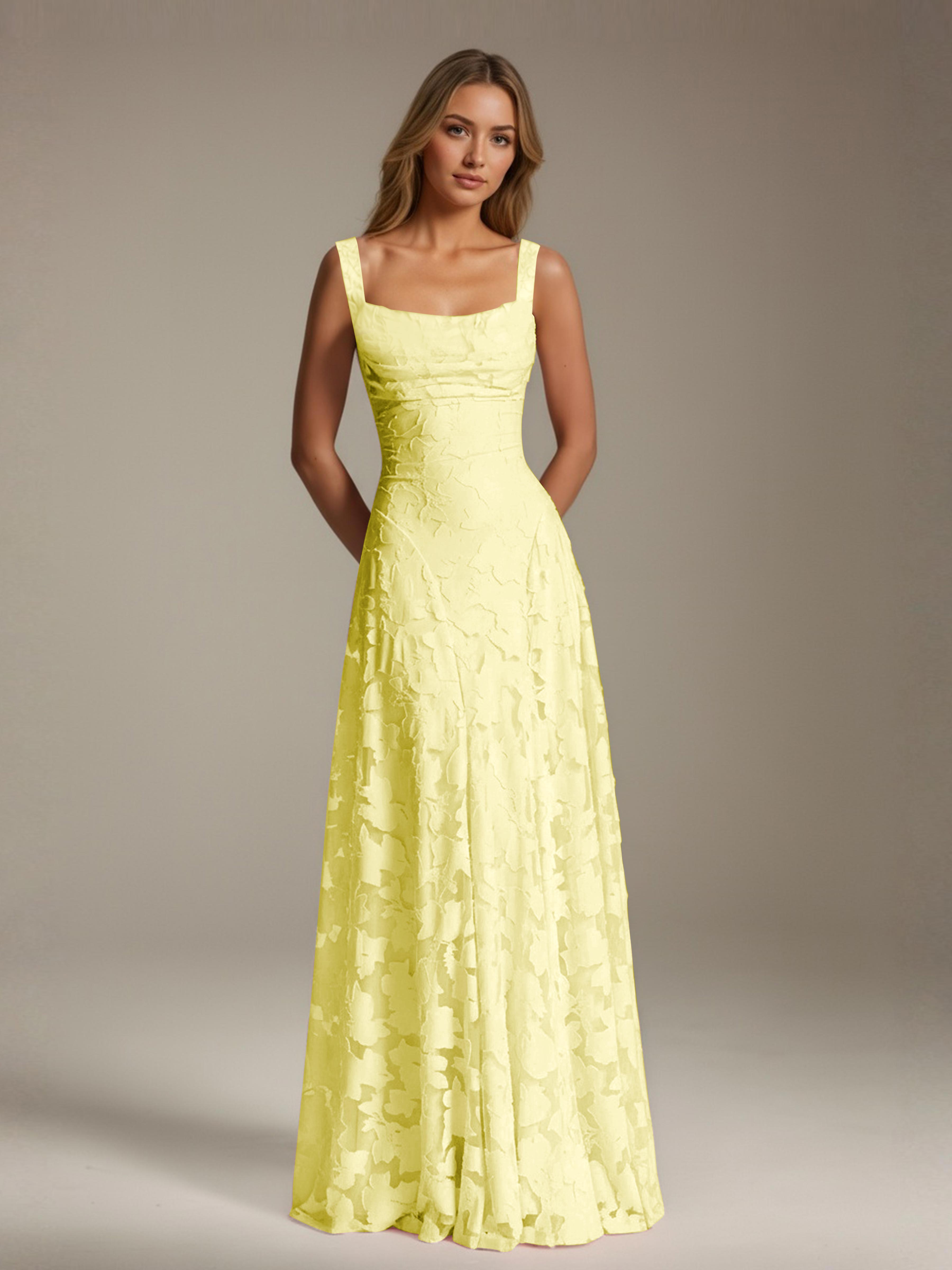 Floral Lace Bridesmaid Dress – A-Line Square Neck Sleeveless Floor-Length Evening Dress