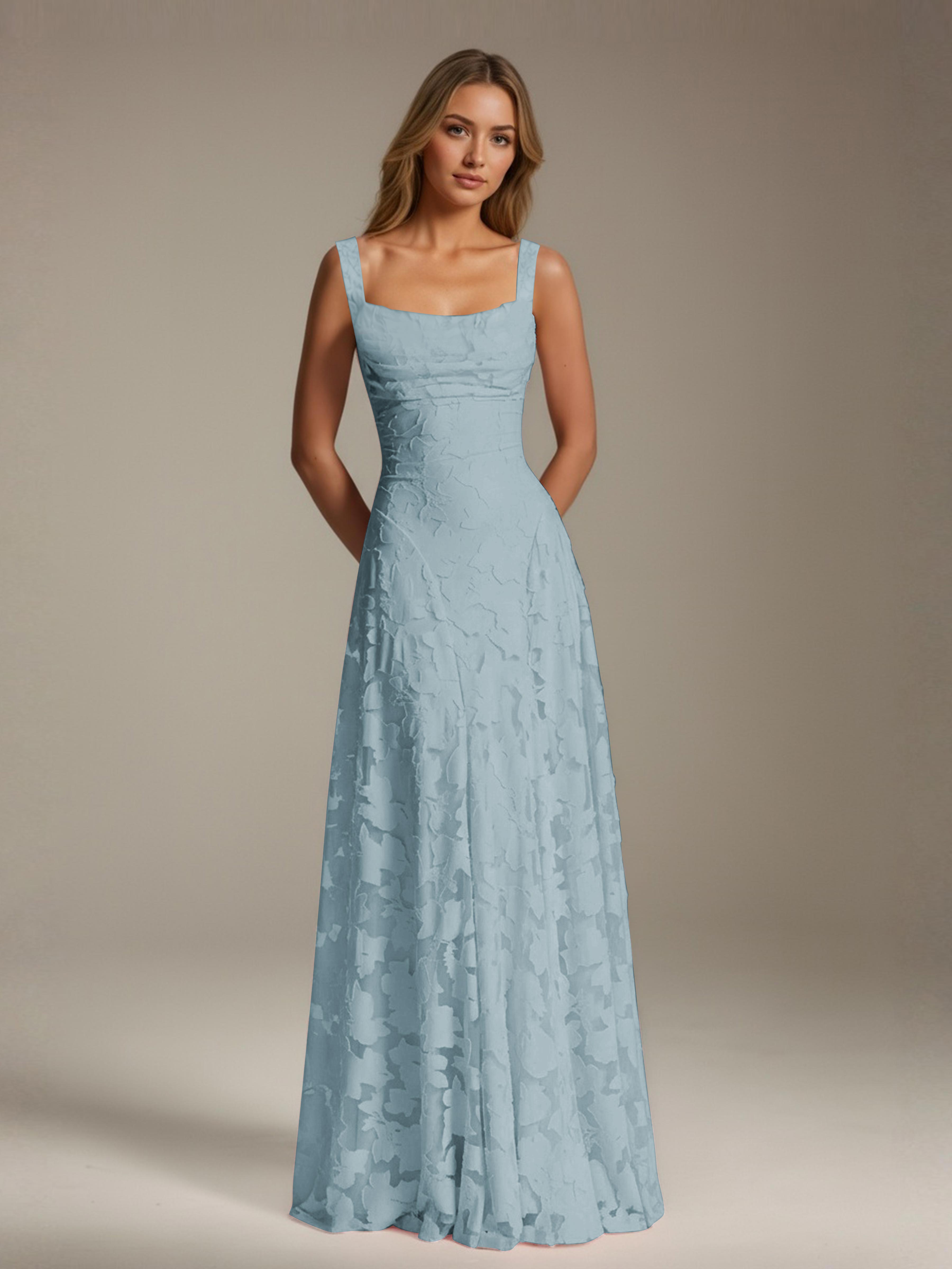 Floral Lace Bridesmaid Dress – A-Line Square Neck Sleeveless Floor-Length Evening Dress