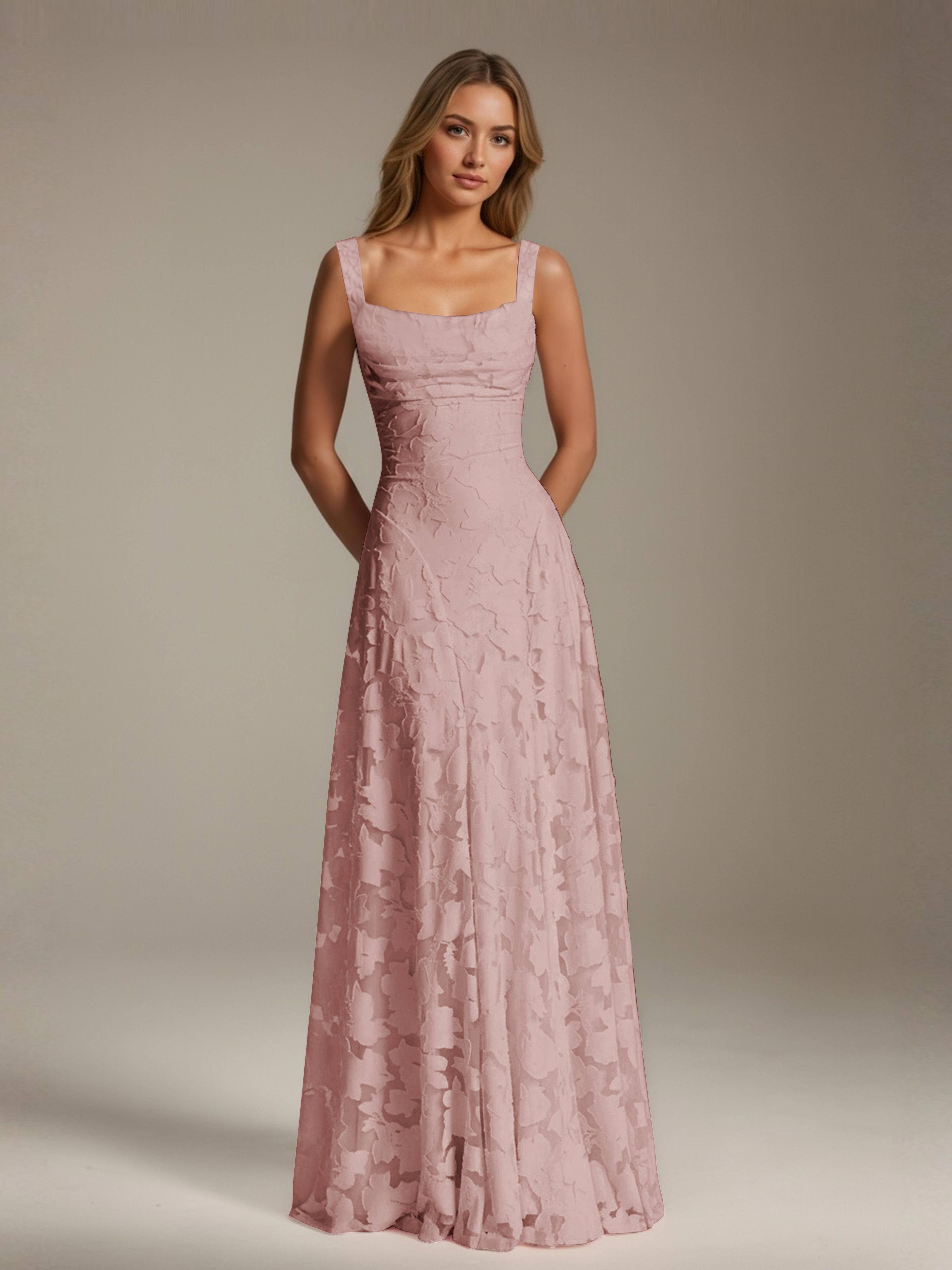 Floral Lace Bridesmaid Dress – A-Line Square Neck Sleeveless Floor-Length Evening Dress