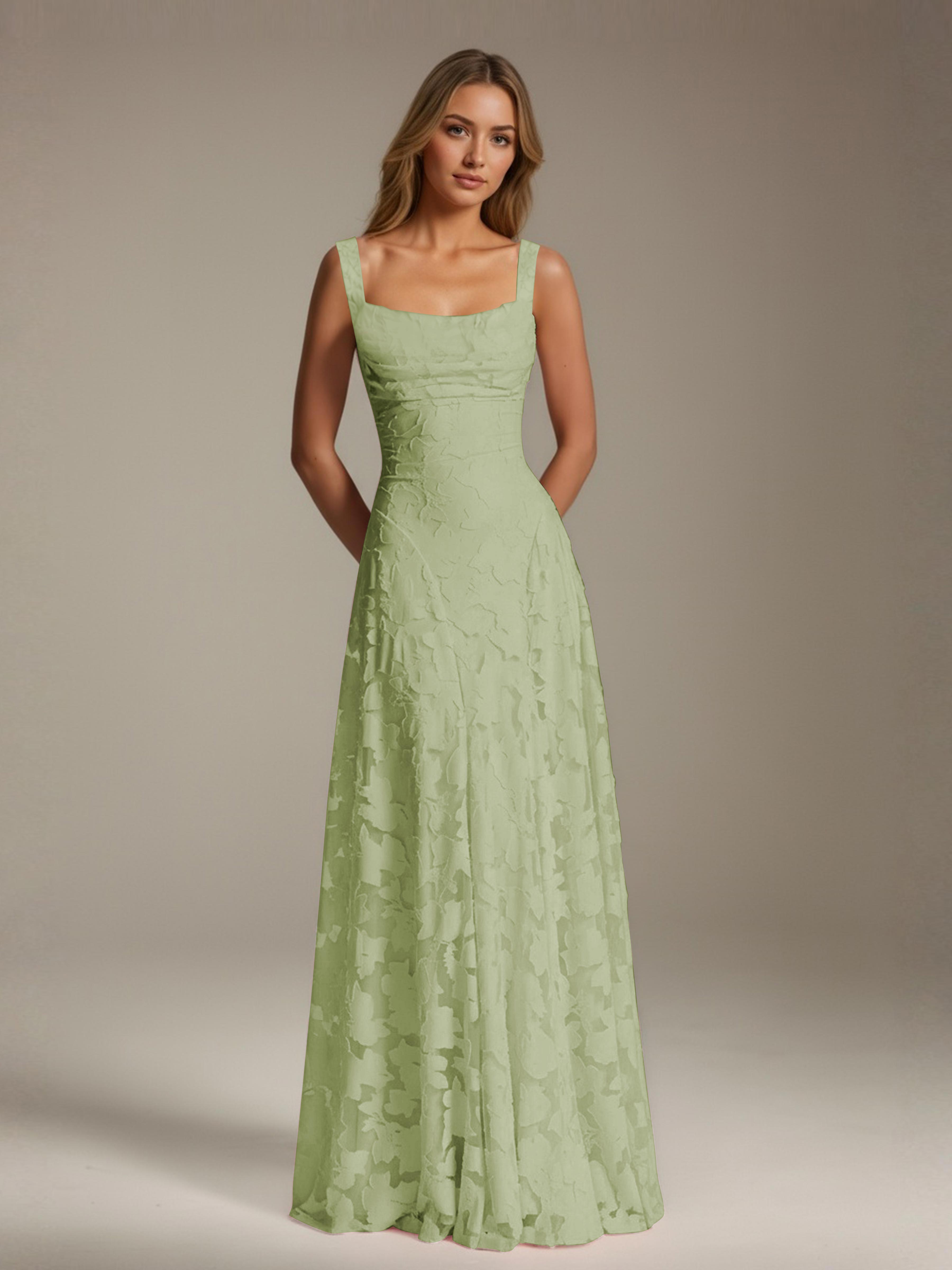Floral Lace Bridesmaid Dress – A-Line Square Neck Sleeveless Floor-Length Evening Dress