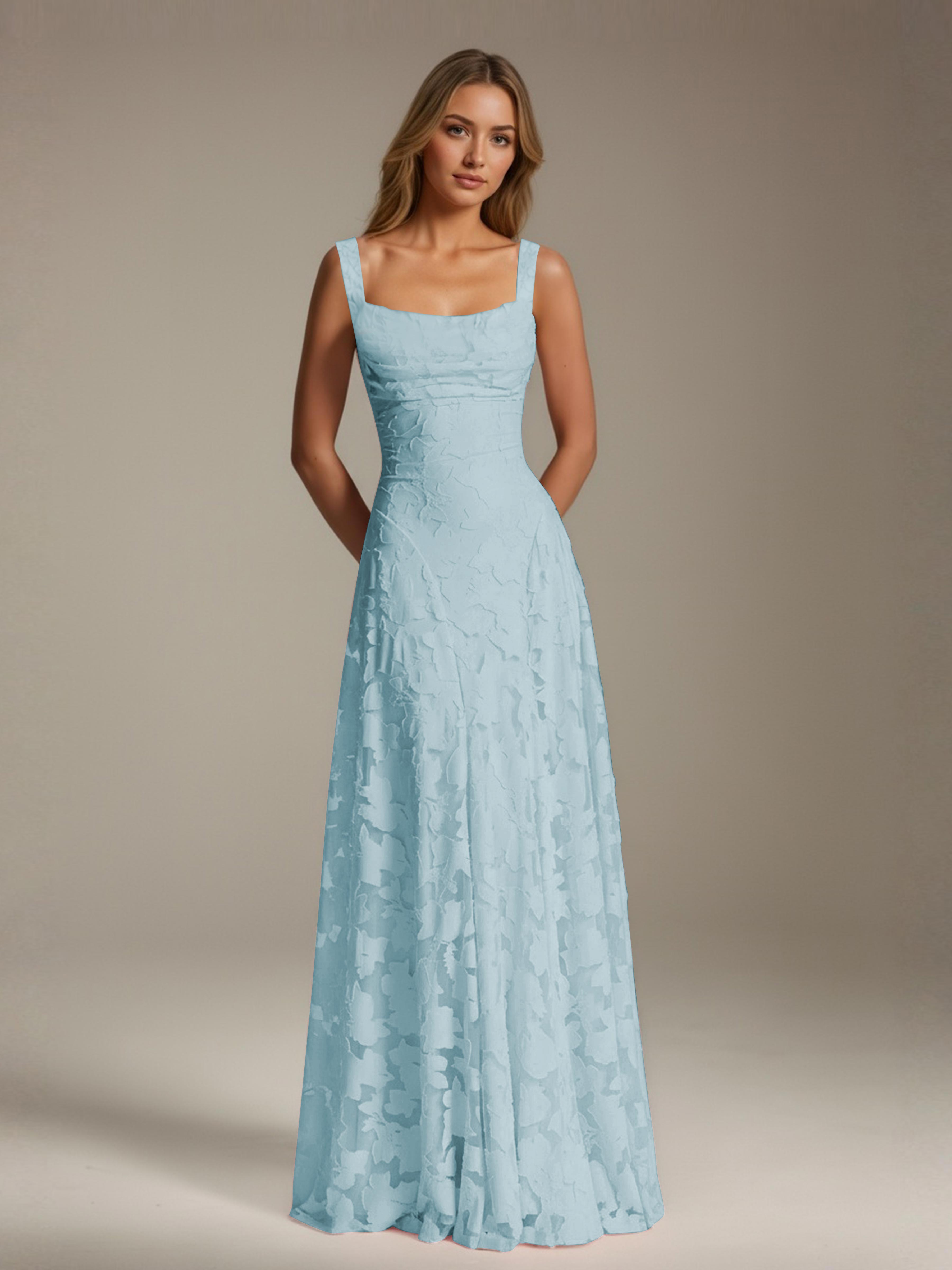Floral Lace Bridesmaid Dress – A-Line Square Neck Sleeveless Floor-Length Evening Dress