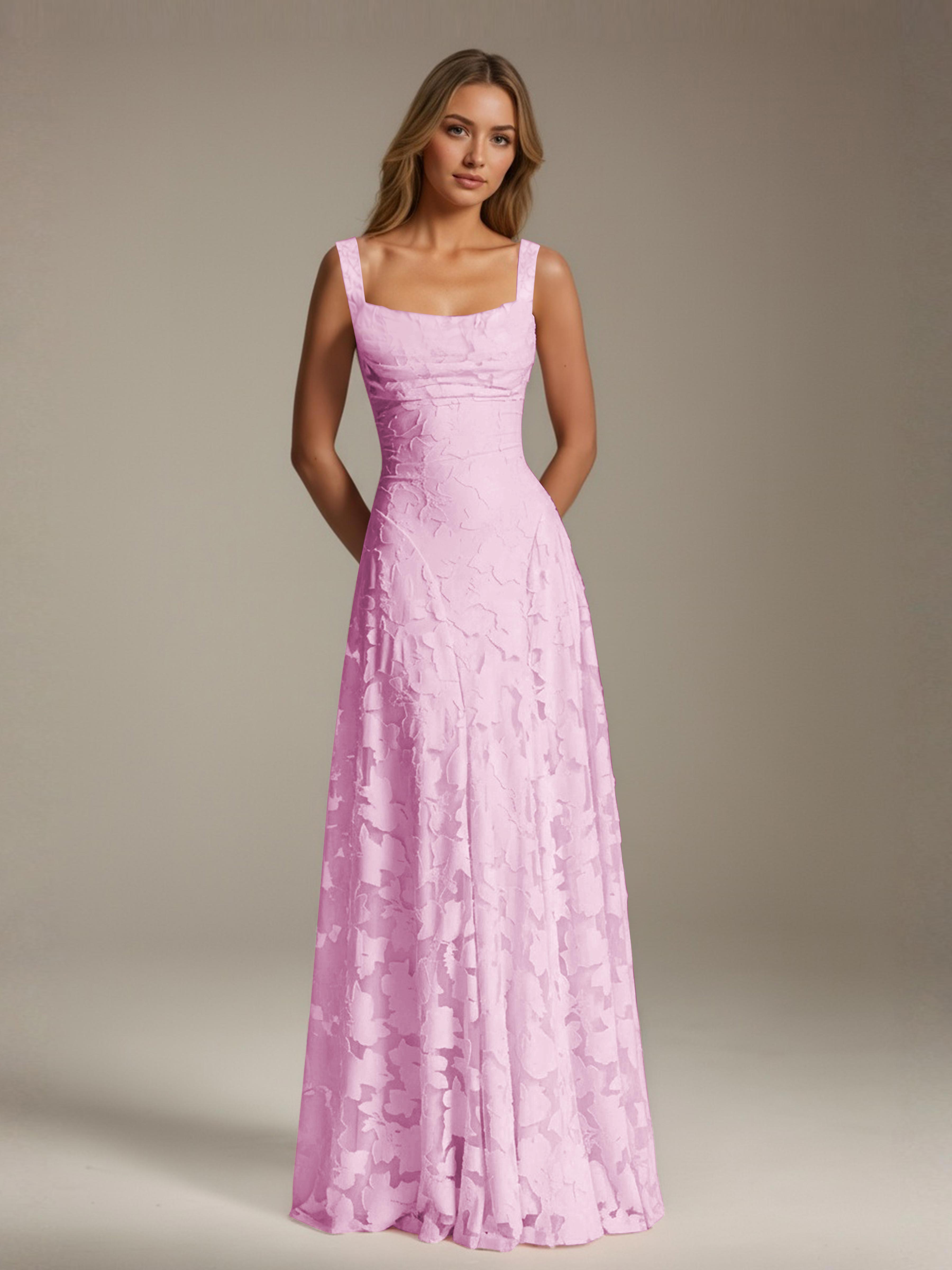 Floral Lace Bridesmaid Dress – A-Line Square Neck Sleeveless Floor-Length Evening Dress