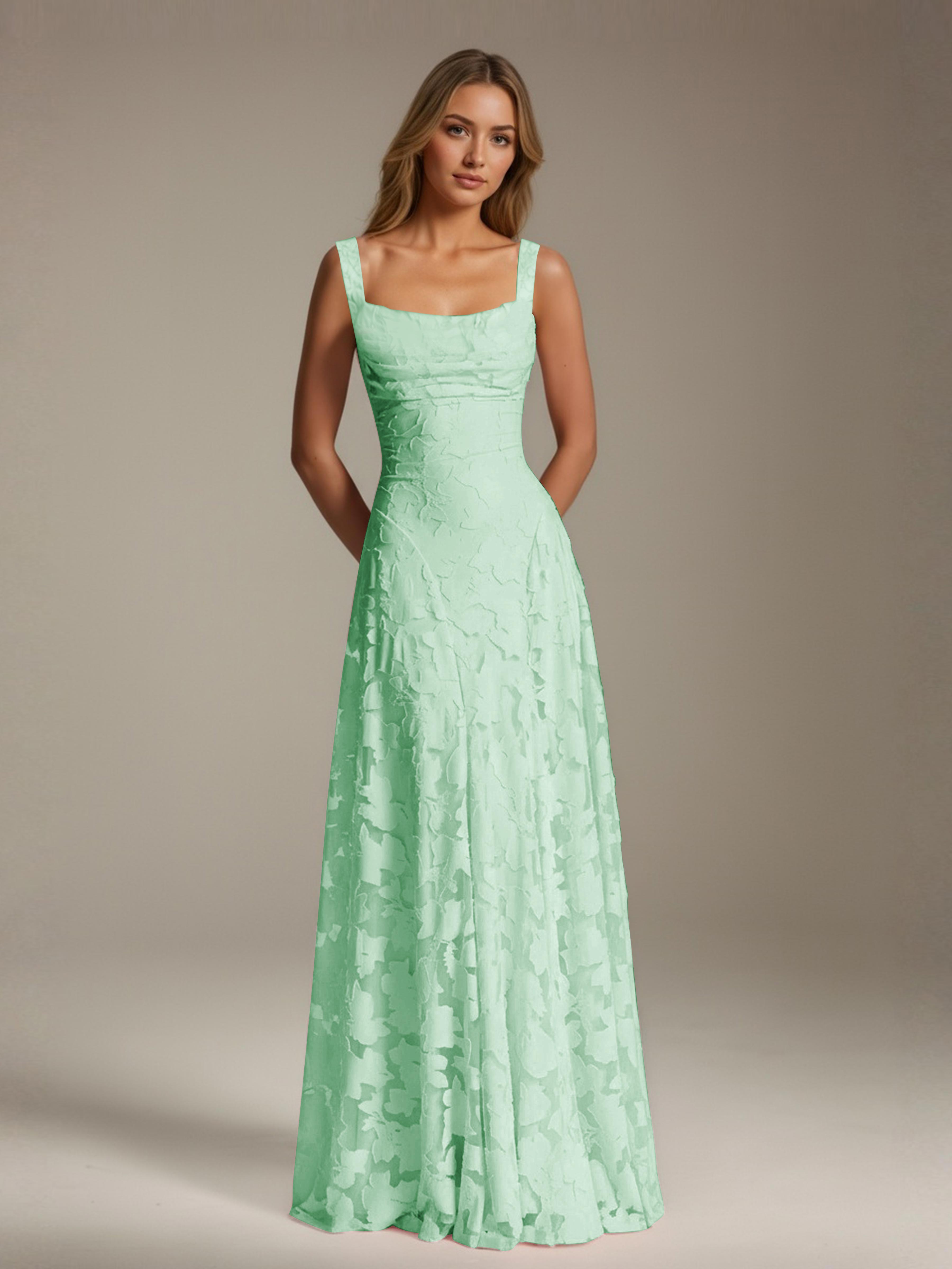 Floral Lace Bridesmaid Dress – A-Line Square Neck Sleeveless Floor-Length Evening Dress