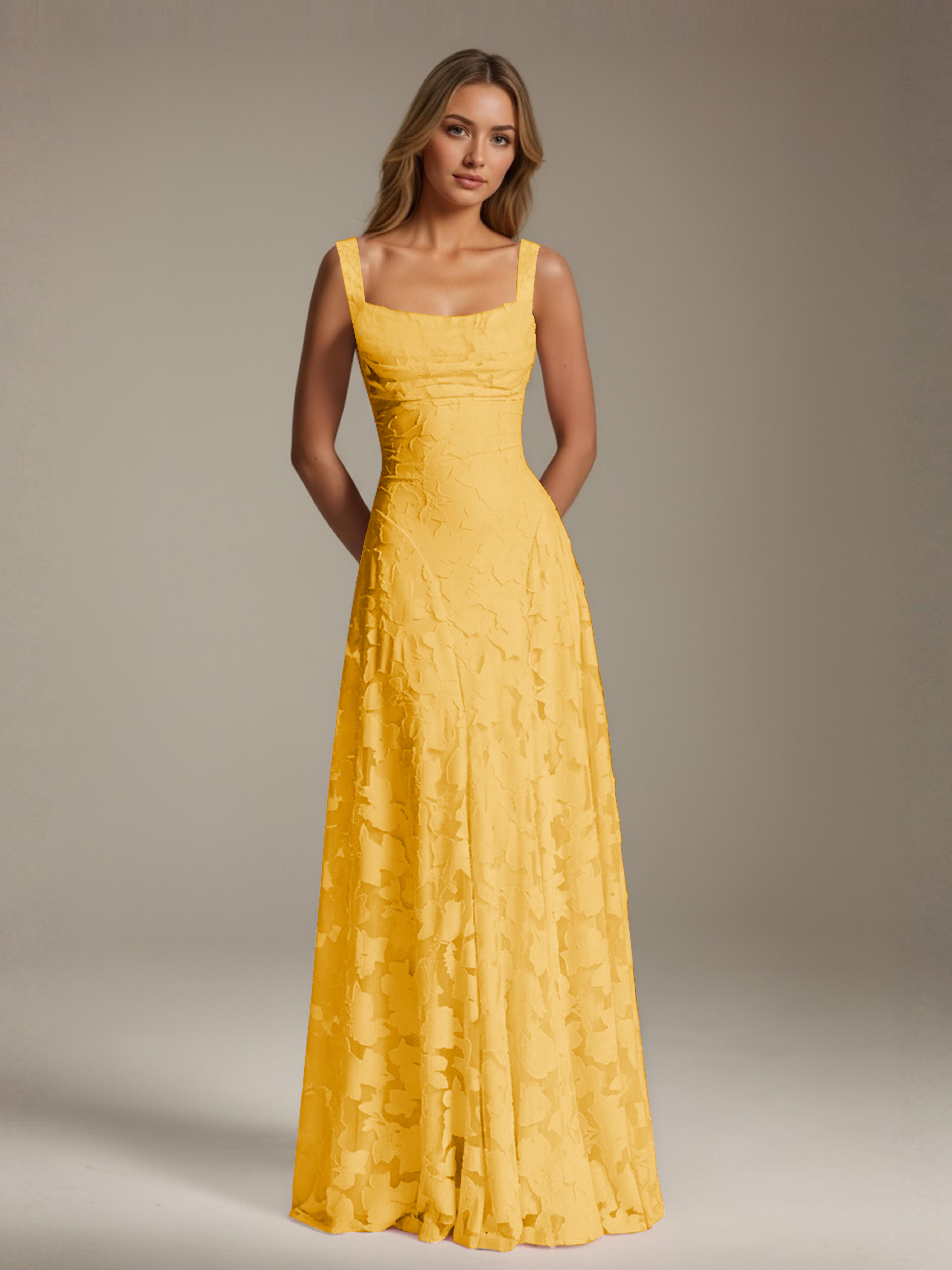 Floral Lace Bridesmaid Dress – A-Line Square Neck Sleeveless Floor-Length Evening Dress