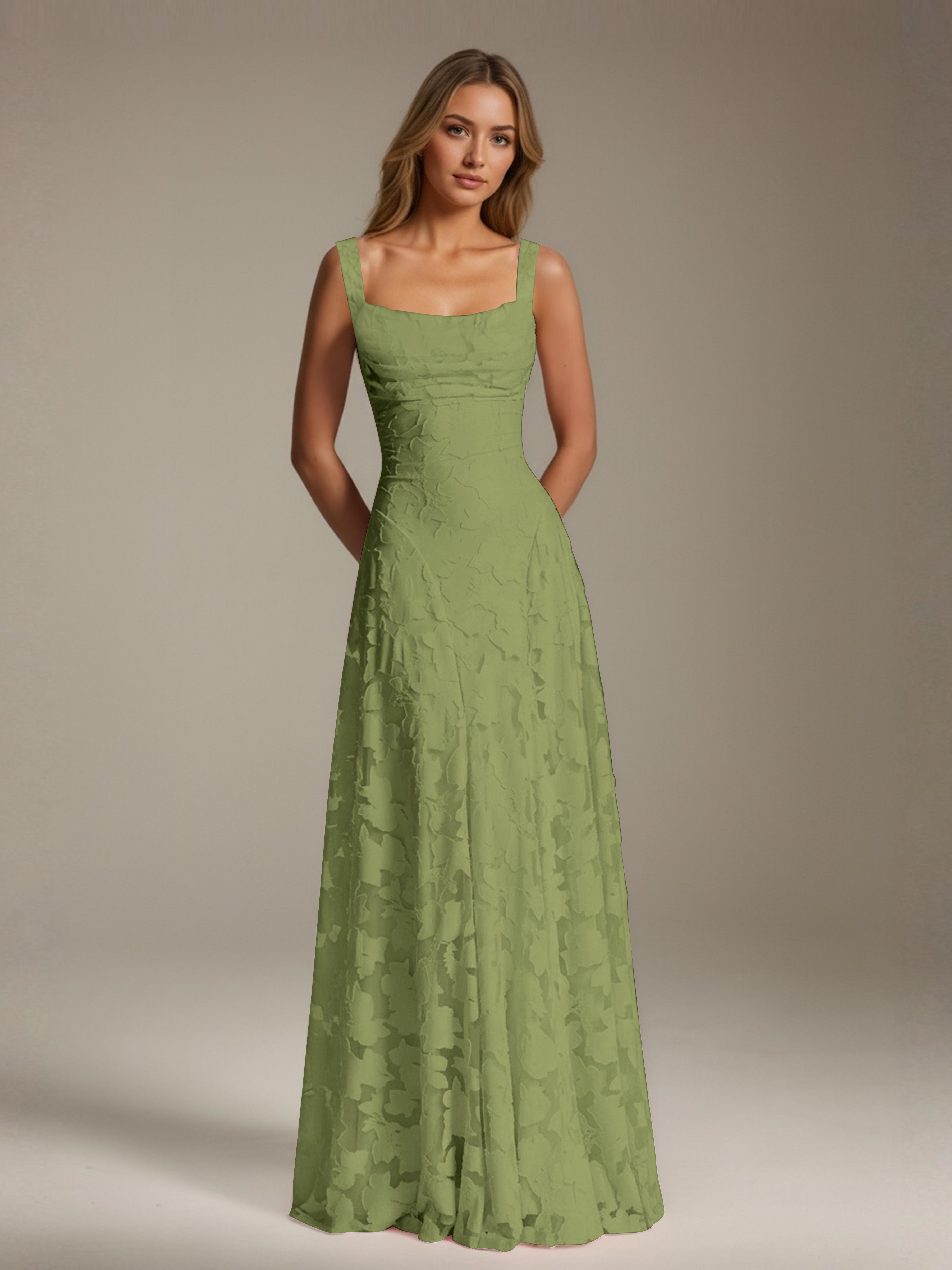 Floral Lace Bridesmaid Dress – A-Line Square Neck Sleeveless Floor-Length Evening Dress