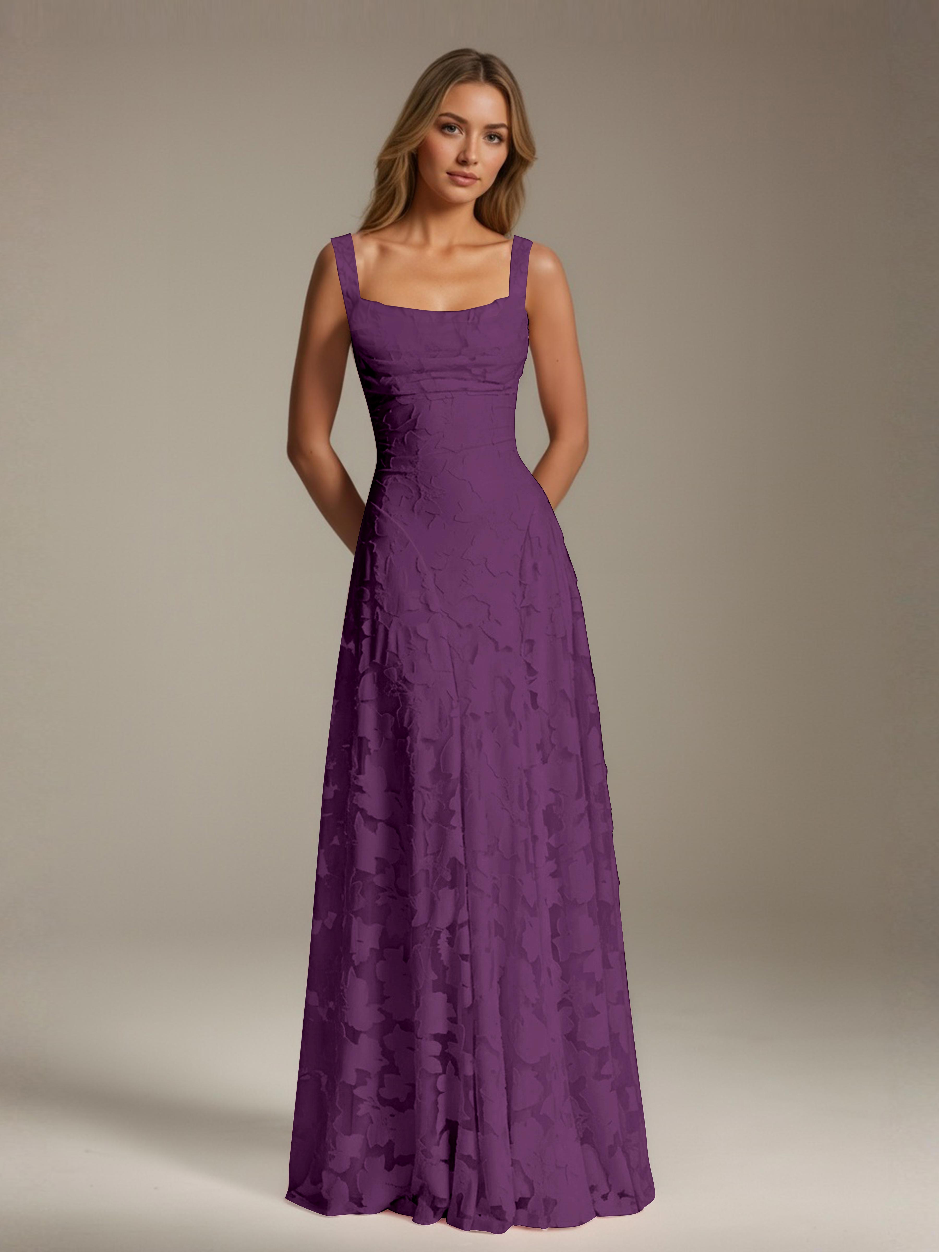 Floral Lace Bridesmaid Dress – A-Line Square Neck Sleeveless Floor-Length Evening Dress