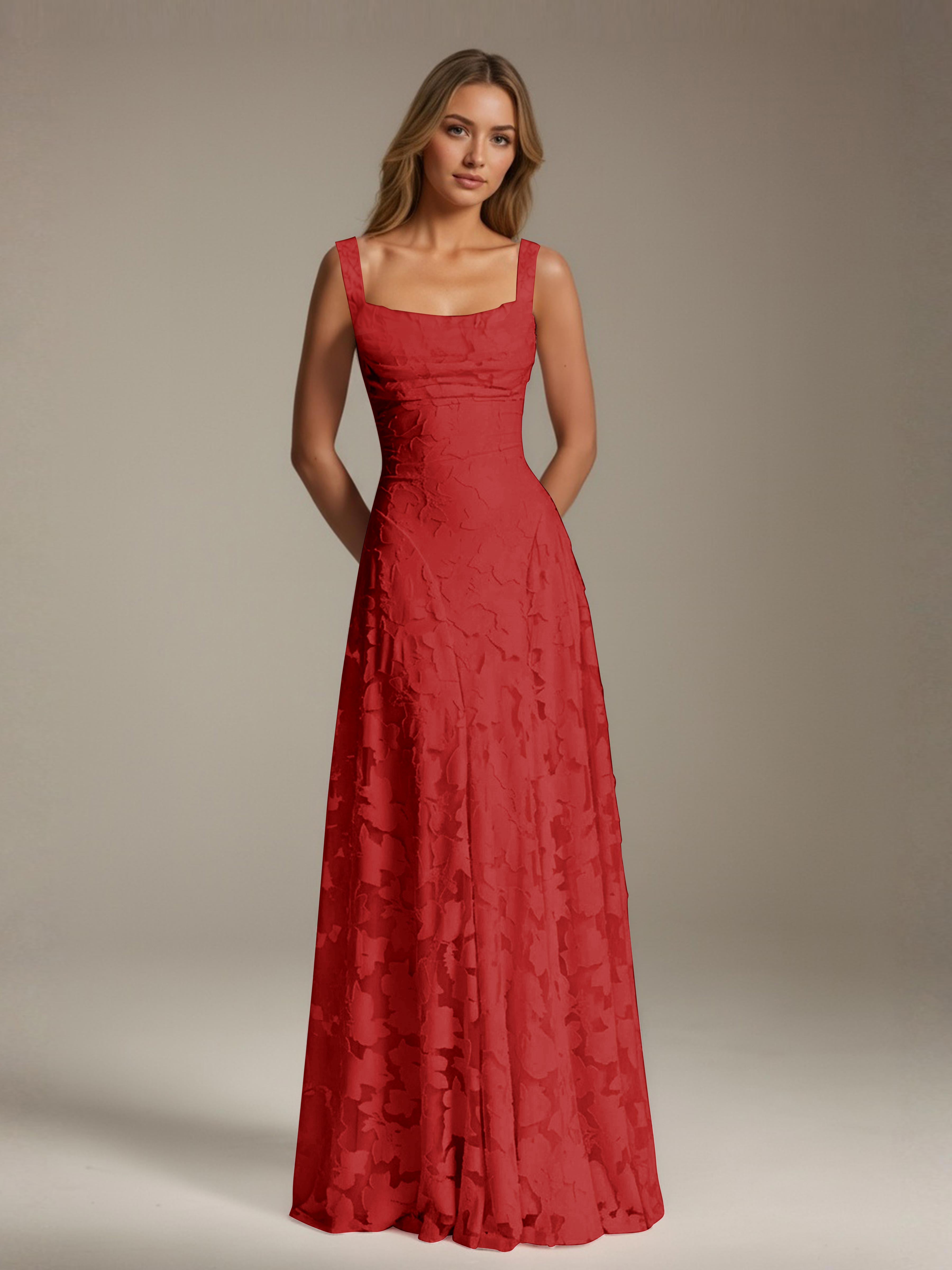 Floral Lace Bridesmaid Dress – A-Line Square Neck Sleeveless Floor-Length Evening Dress