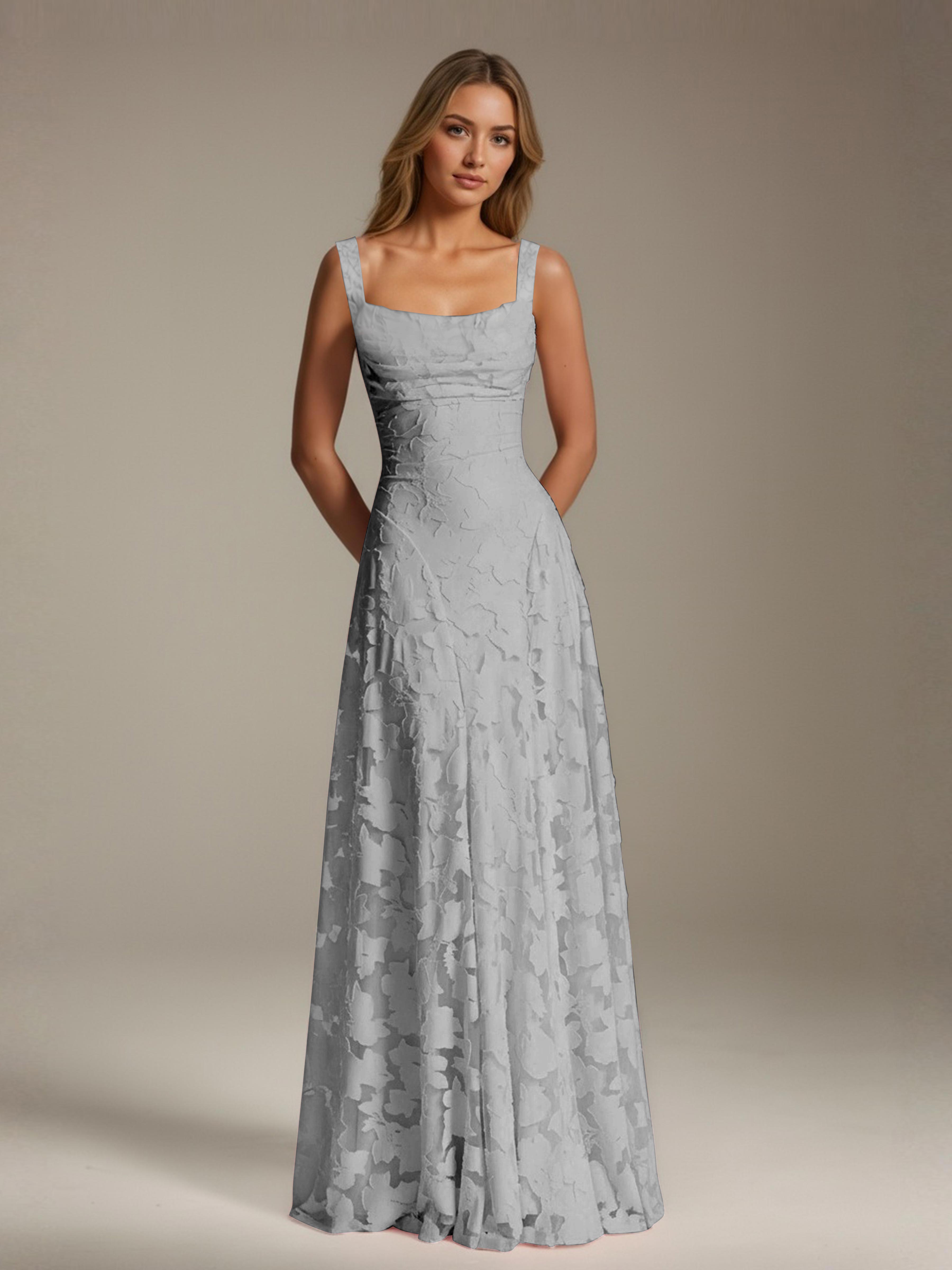 Floral Lace Bridesmaid Dress – A-Line Square Neck Sleeveless Floor-Length Evening Dress