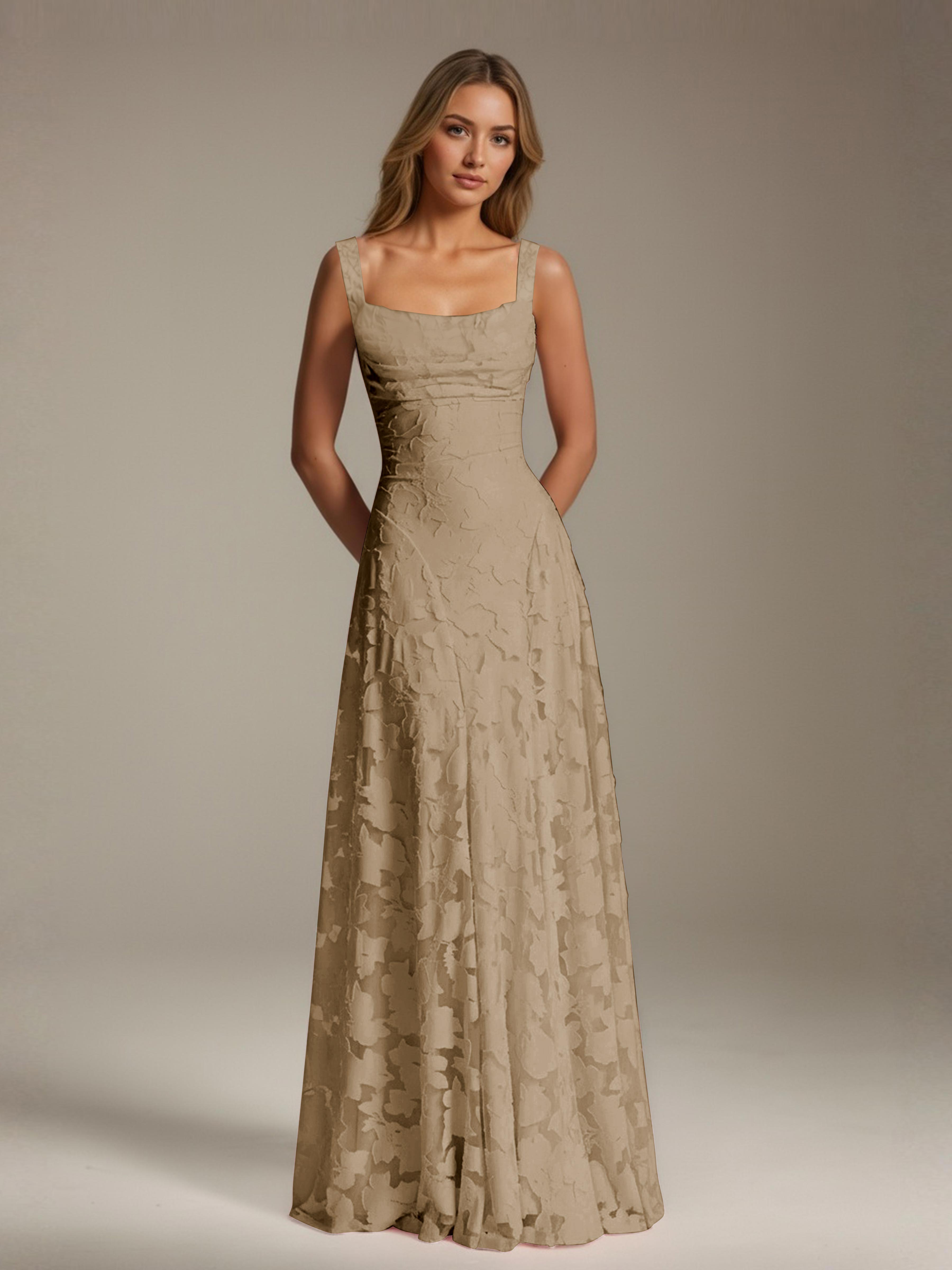 Floral Lace Bridesmaid Dress – A-Line Square Neck Sleeveless Floor-Length Evening Dress