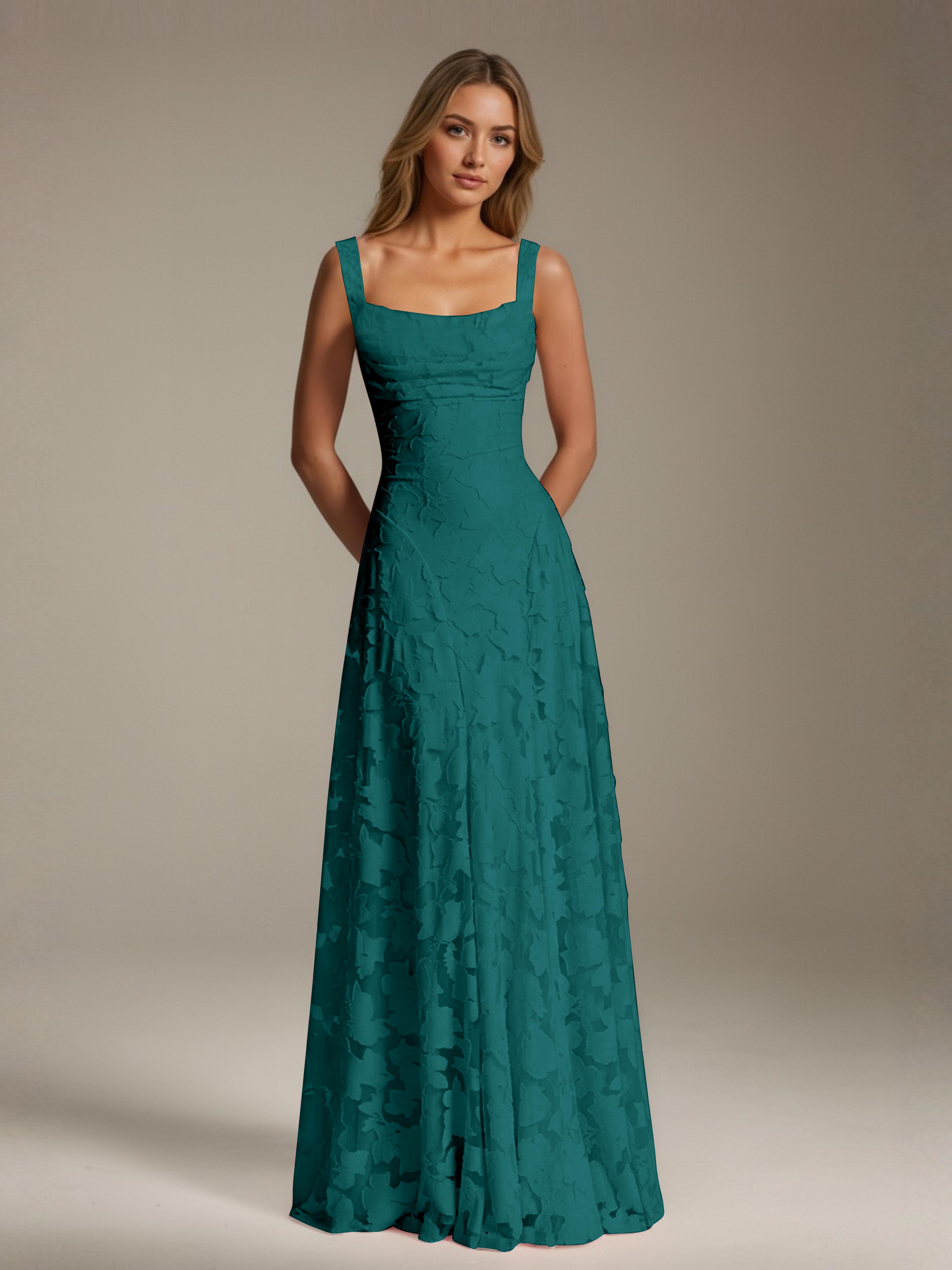 Floral Lace Bridesmaid Dress – A-Line Square Neck Sleeveless Floor-Length Evening Dress